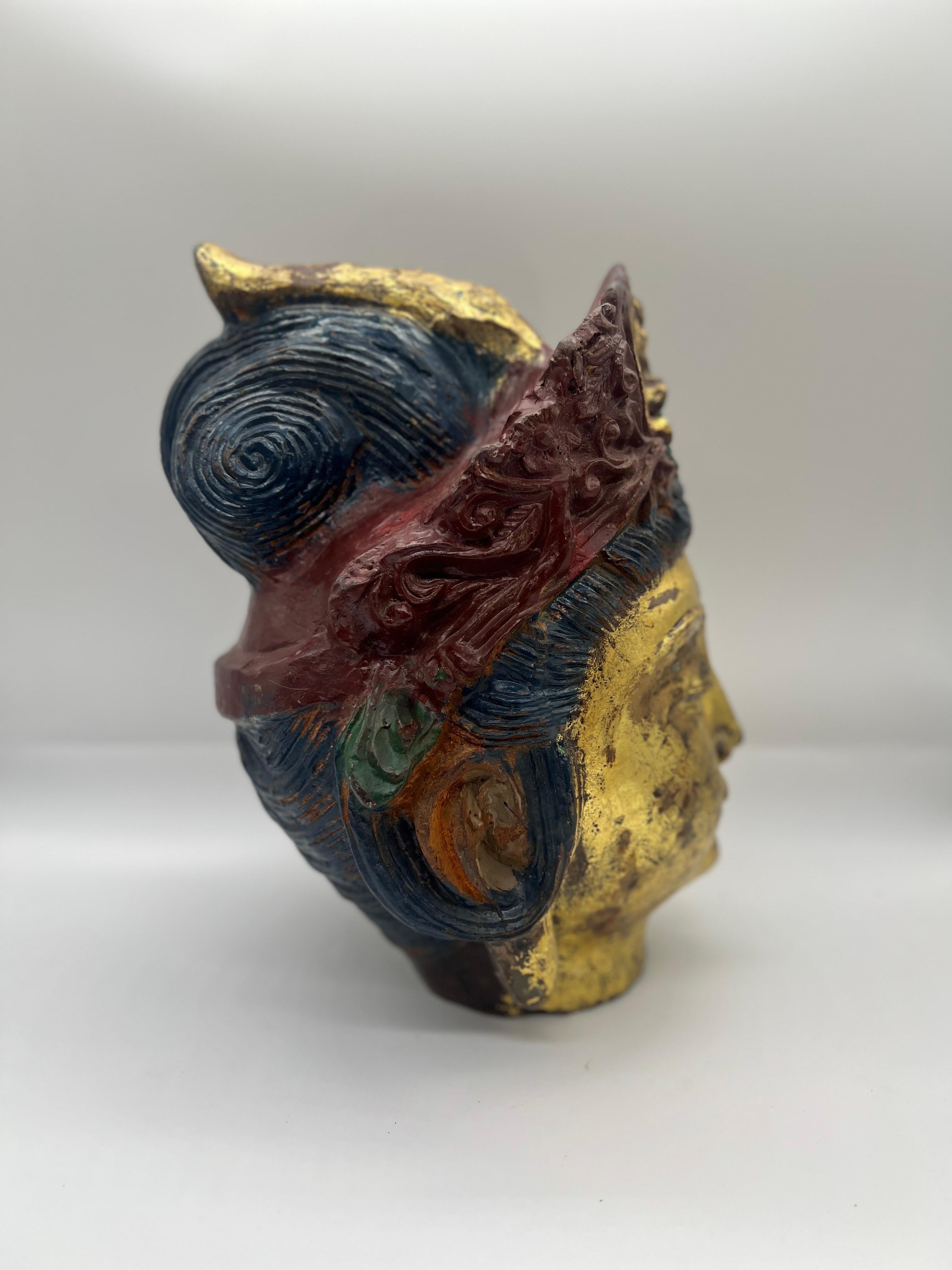 Antique Tibetan Cast Iron Buddha Head With Polychrome Decoration For Sale 5