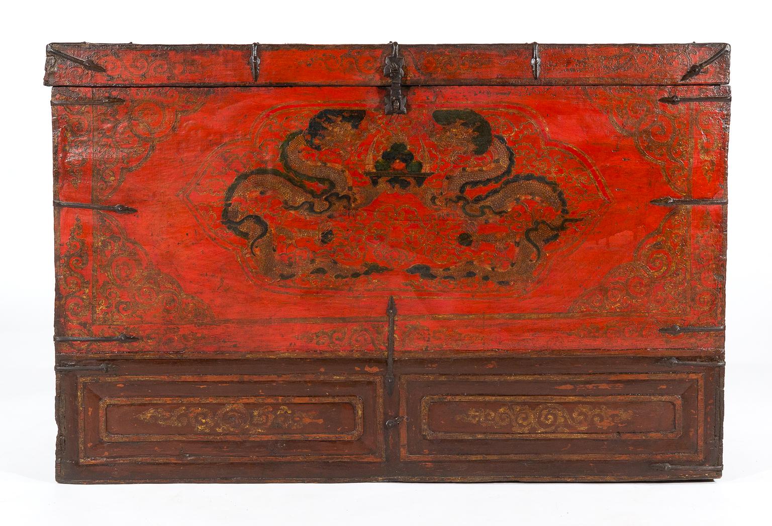 Antique Tibetan Chest with Original Red Paint 8