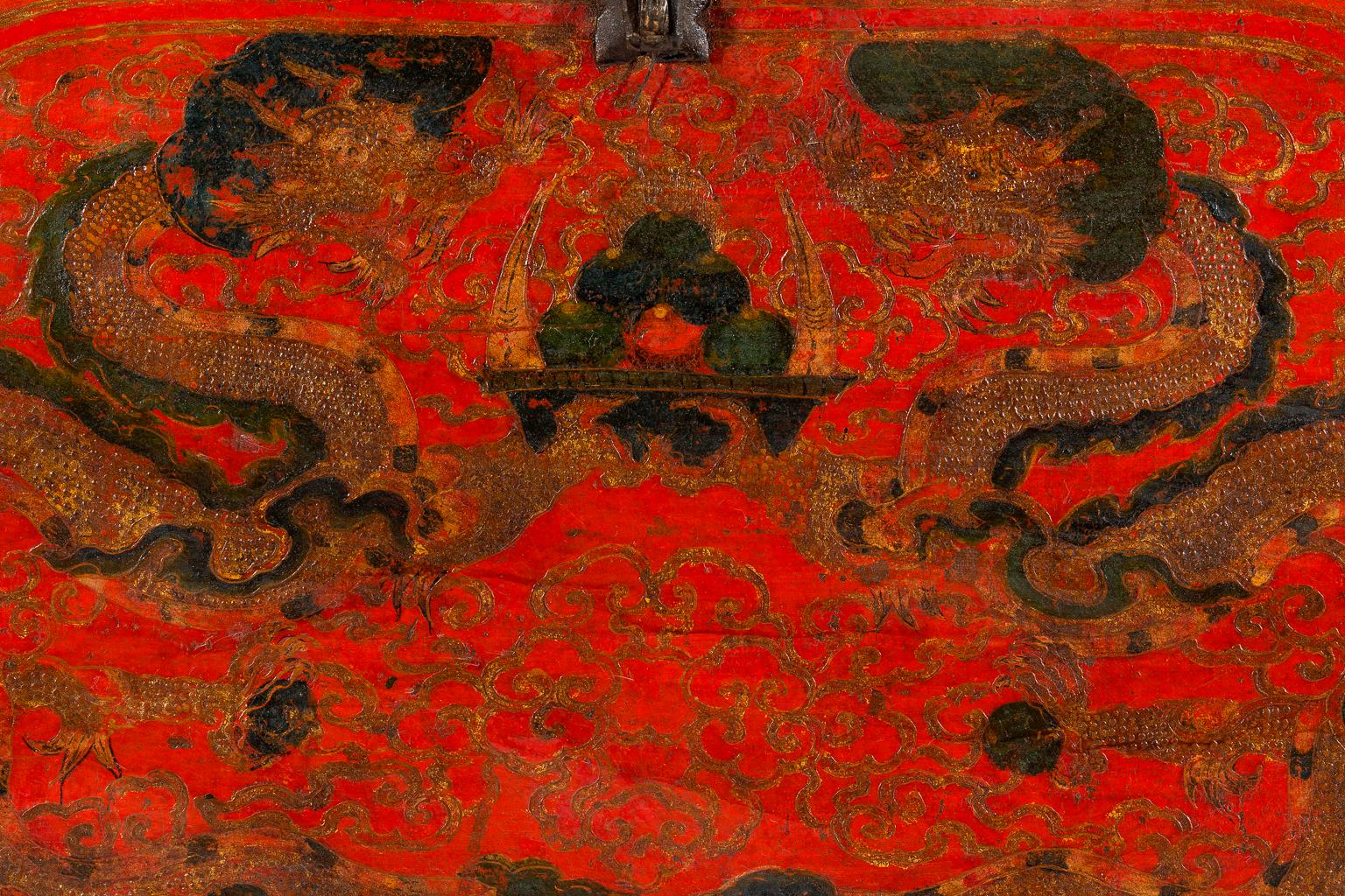 18th Century Antique Tibetan Chest with Original Red Paint