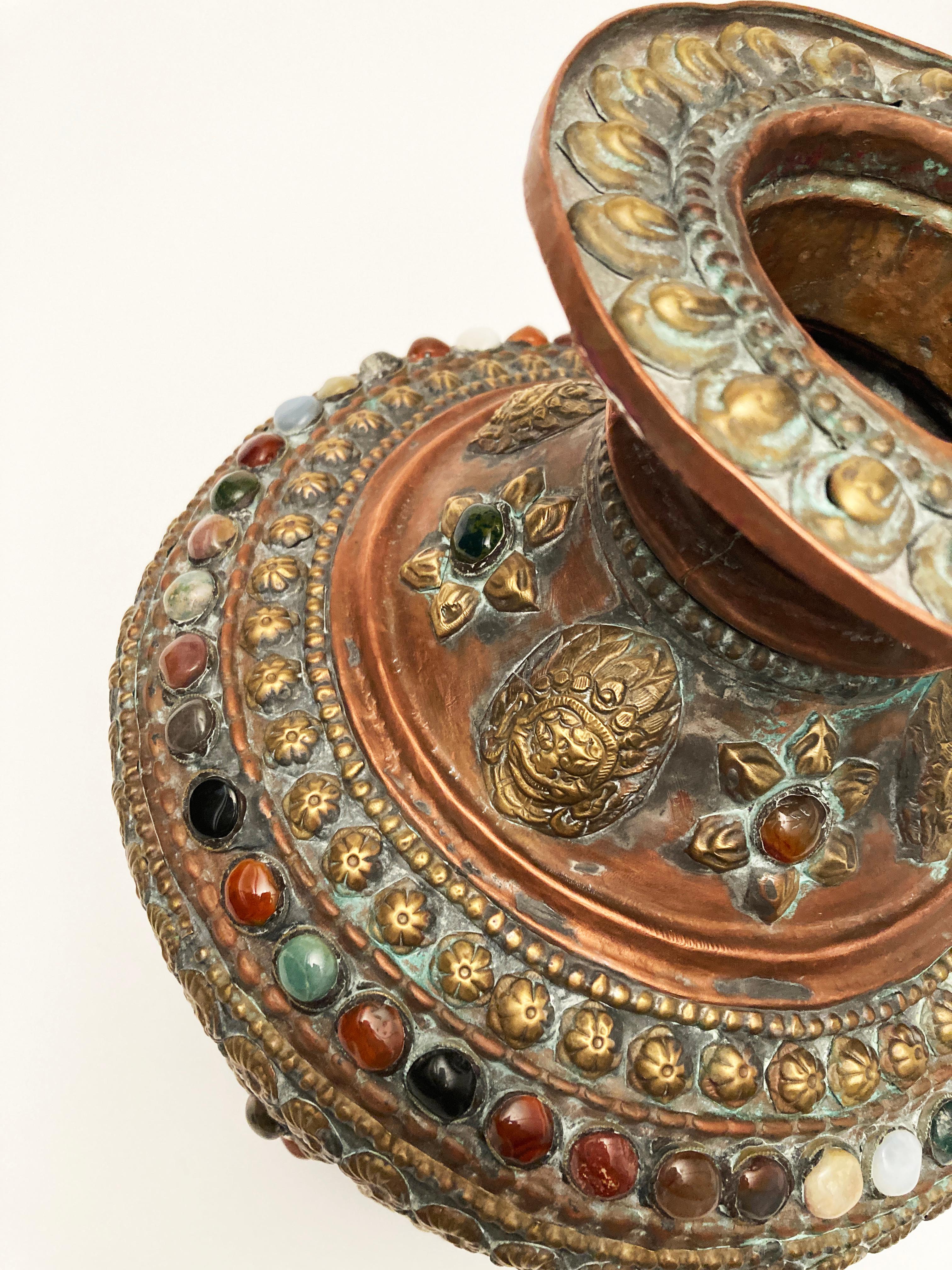 Antique Tibetan Copper Brass Bronze, Gem-inlaid Water Vessel For Sale 6