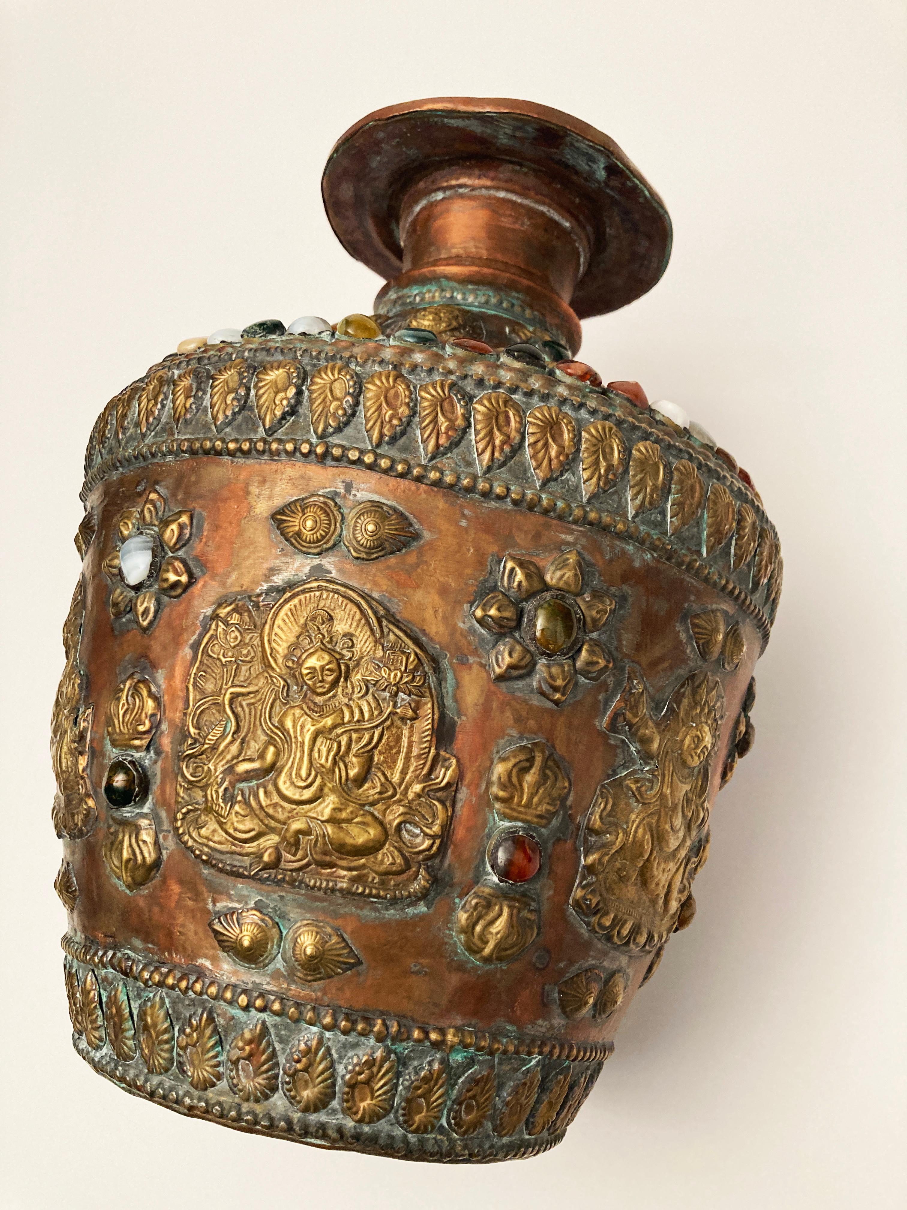 Antique Tibetan Copper Brass Bronze, Gem-inlaid Water Vessel For Sale 8