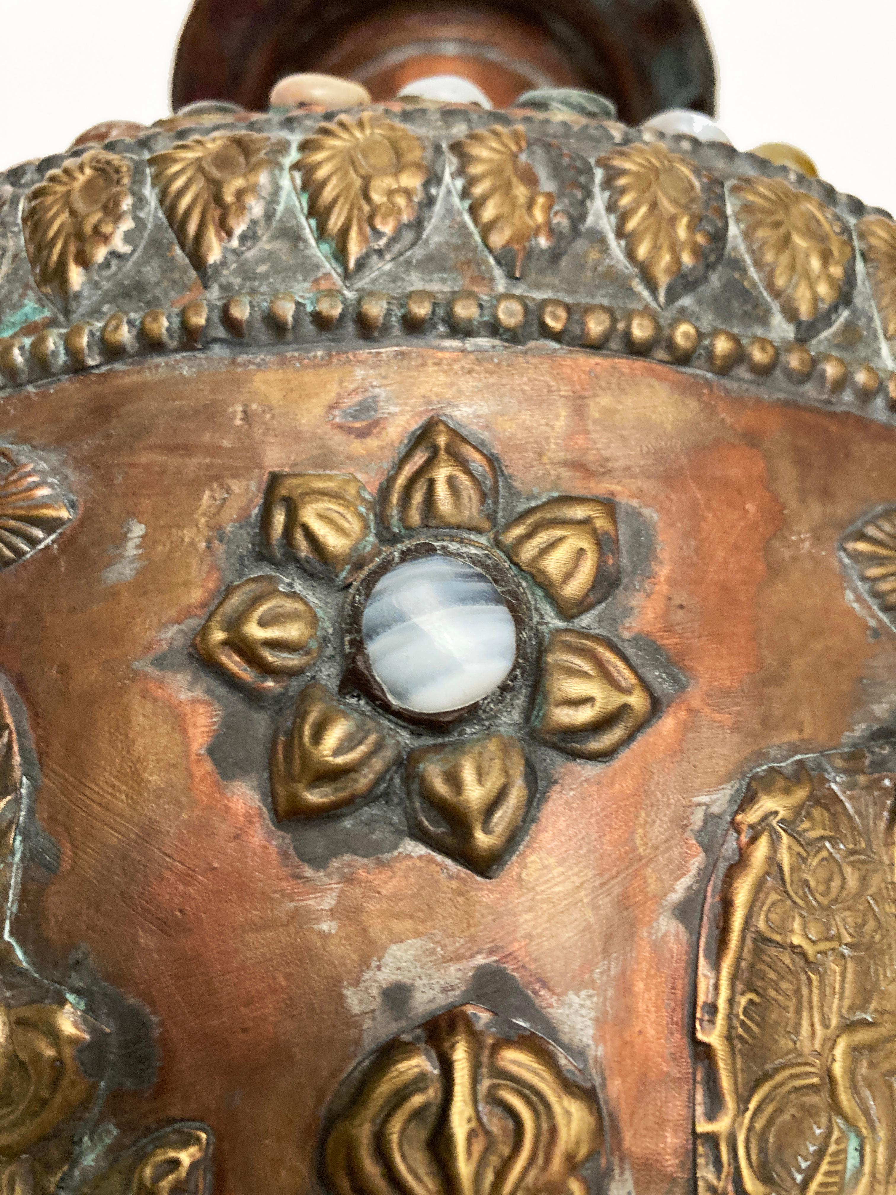 Antique Tibetan Copper Brass Bronze, Gem-inlaid Water Vessel For Sale 9