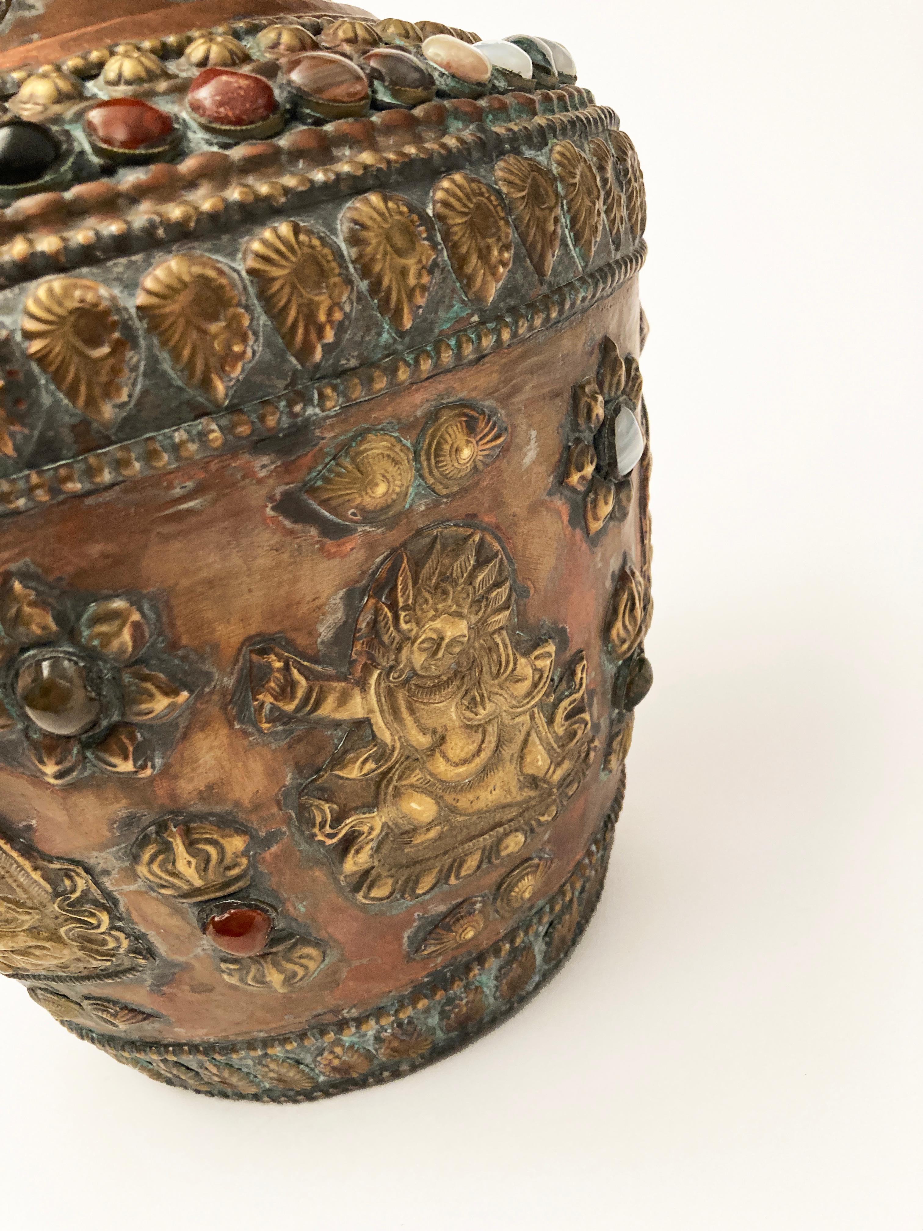 Antique Tibetan Copper Brass Bronze, Gem-inlaid Water Vessel For Sale 11