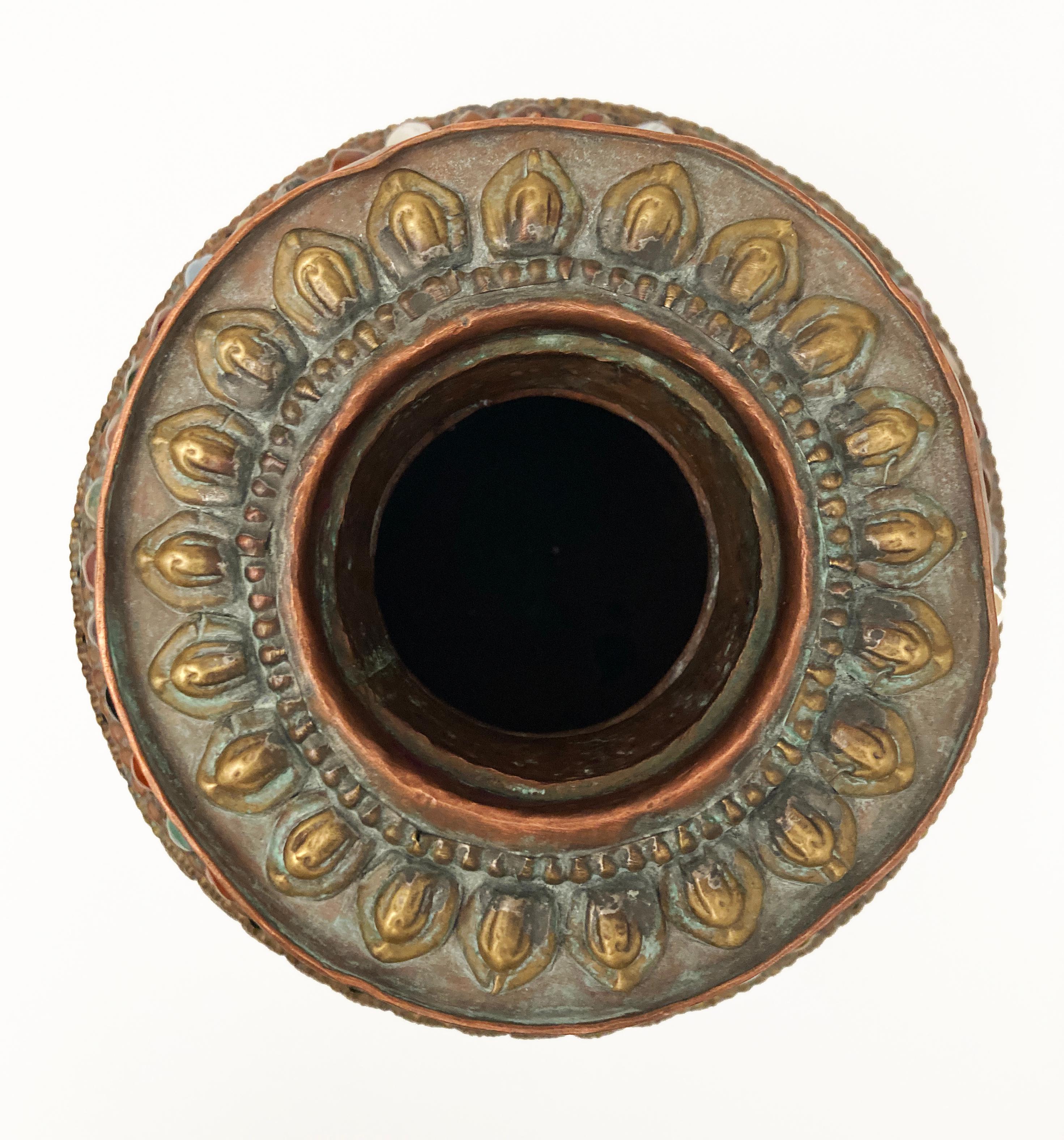 Antique Tibetan Copper Brass Bronze, Gem-inlaid Water Vessel For Sale 12