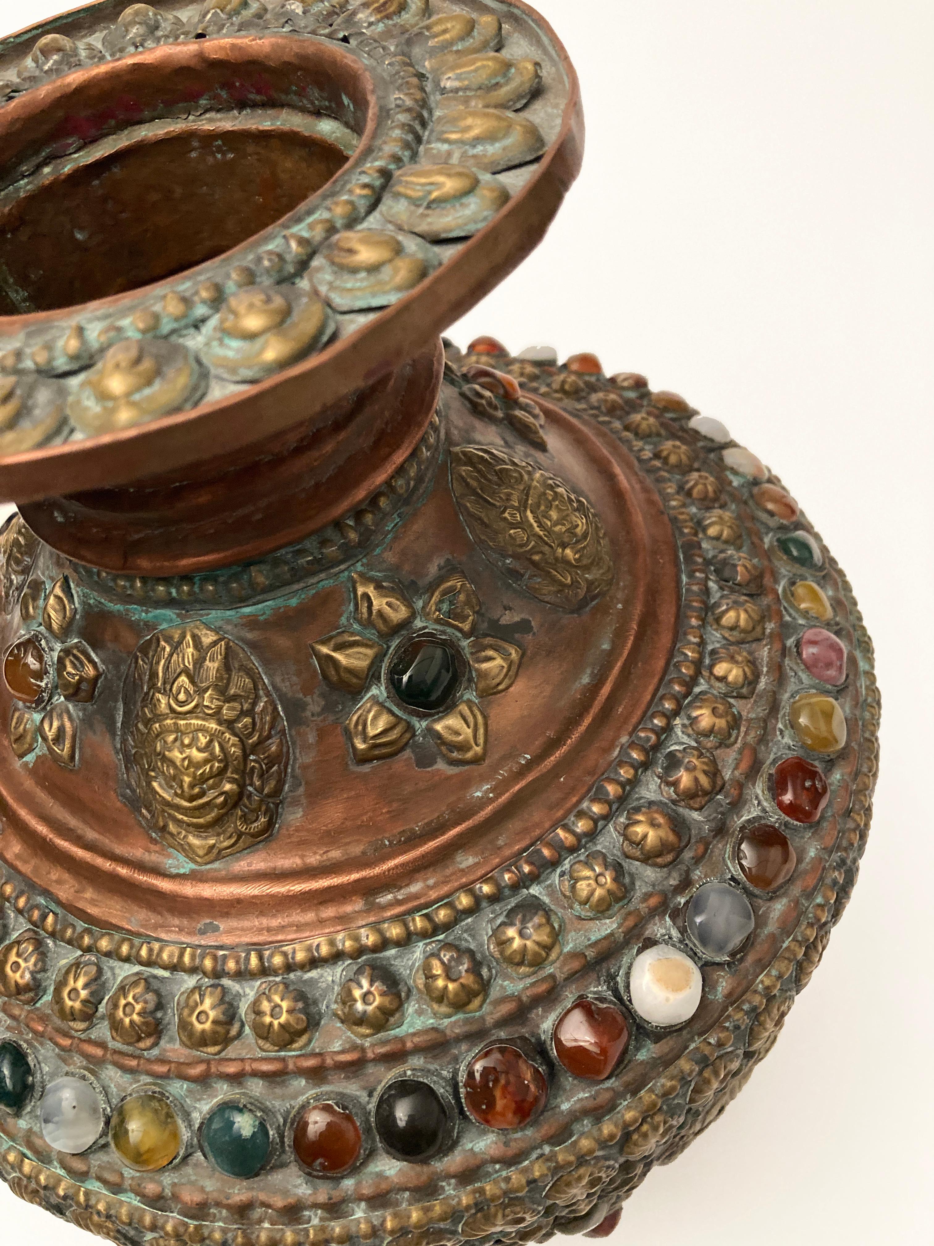 Antique Tibetan Copper Brass Bronze, Gem-inlaid Water Vessel For Sale 3