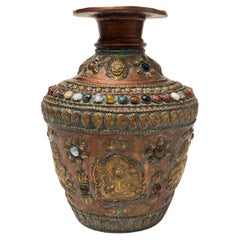 Antique Tibetan Copper Brass Bronze, Gem-inlaid Water Vessel