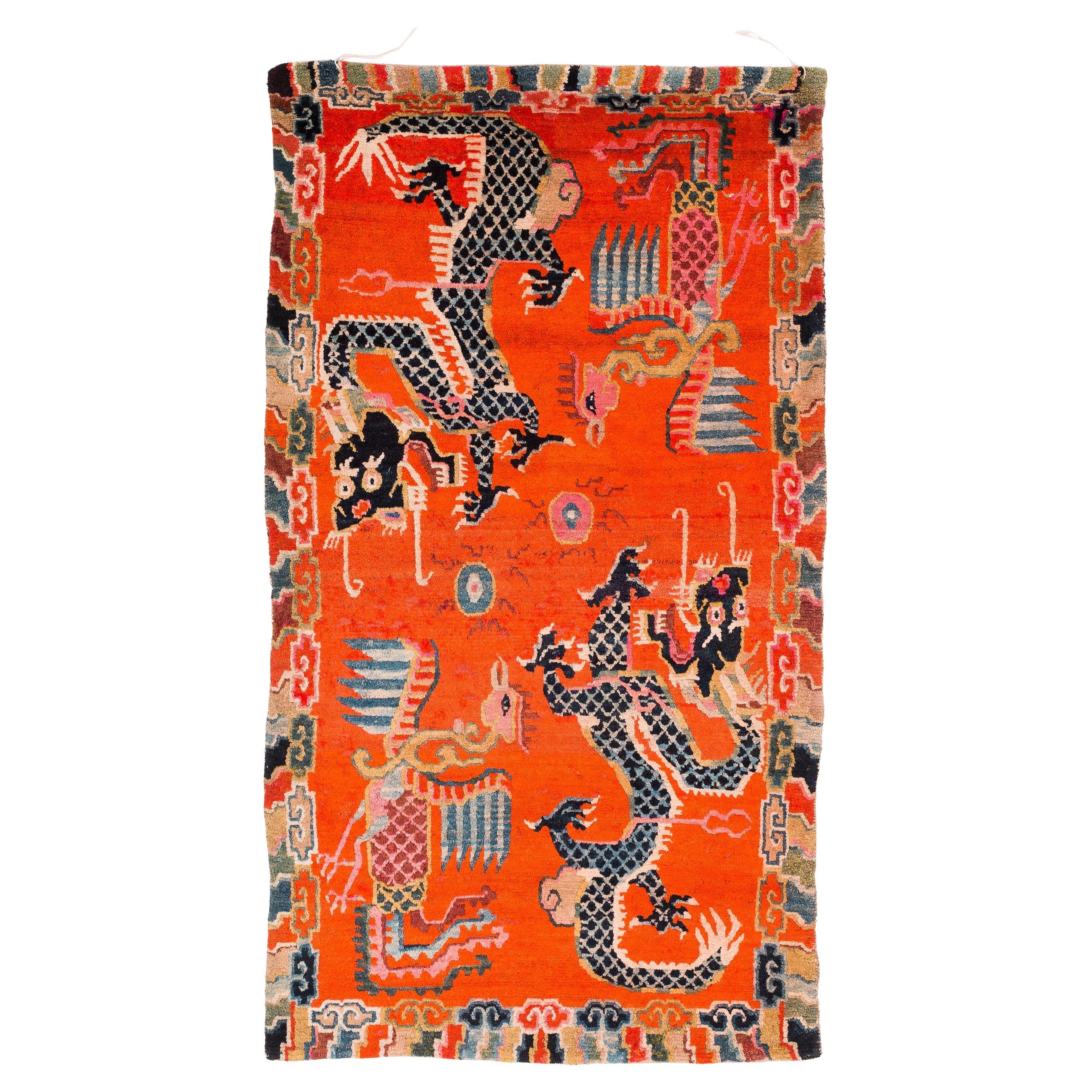 Antique Tibetan Dragon and Pheonix Handmade Khaden Wool Rug with Cloud Border