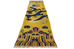Antiguo Dragón Tibetano Alfombra de Lana Anudada a Mano - Amarillo Imperial y Azul 4x14