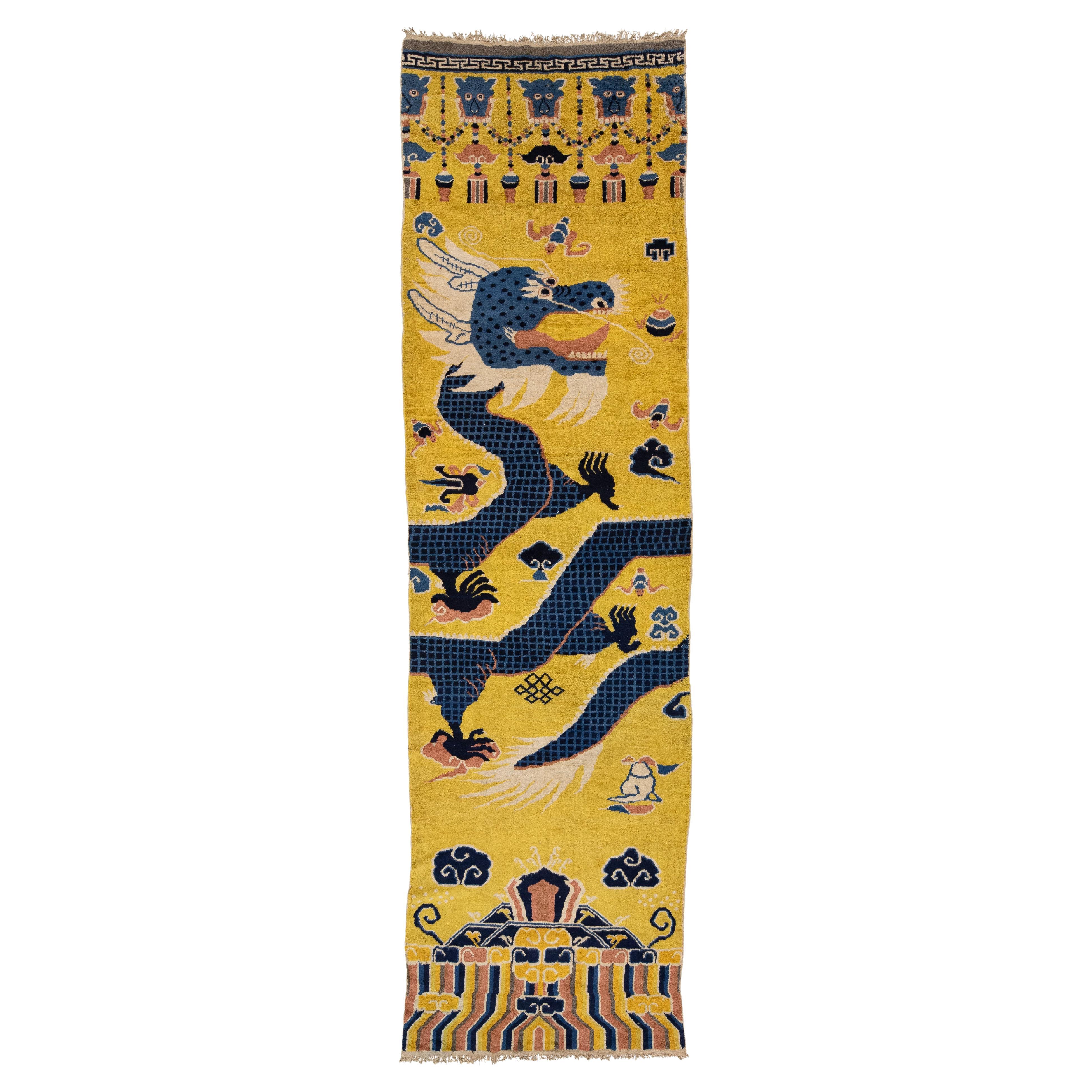 Antique Tibetan Dragon Hand-Knotted Wool Runner - Imperial Yellow & Blue 4x14