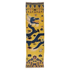 Antiguo Dragón Tibetano Alfombra de Lana Anudada a Mano - Amarillo Imperial y Azul 4x14