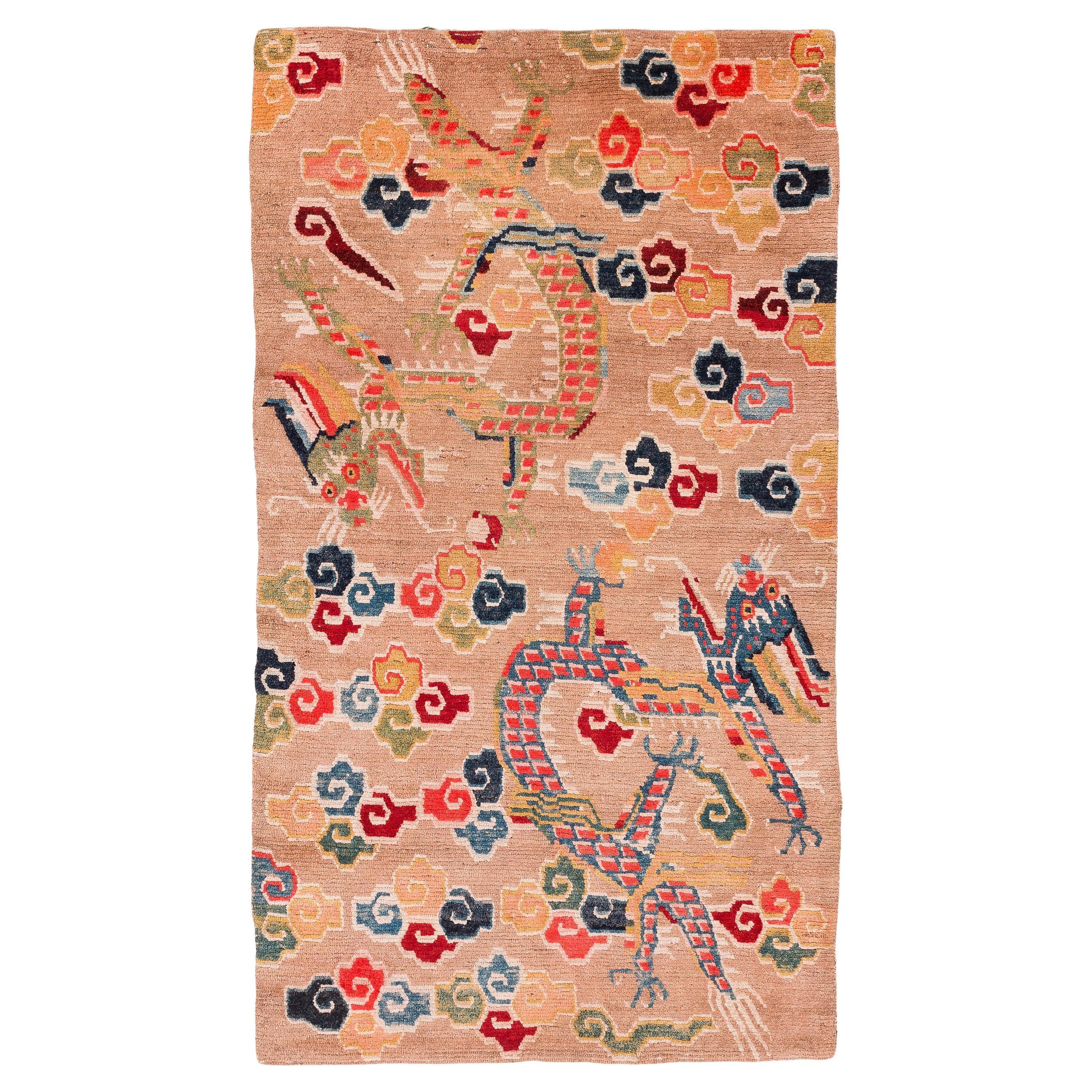 Antique Tibetan Dragons and Clouds Tan Khaden Wool Small Runner Rug