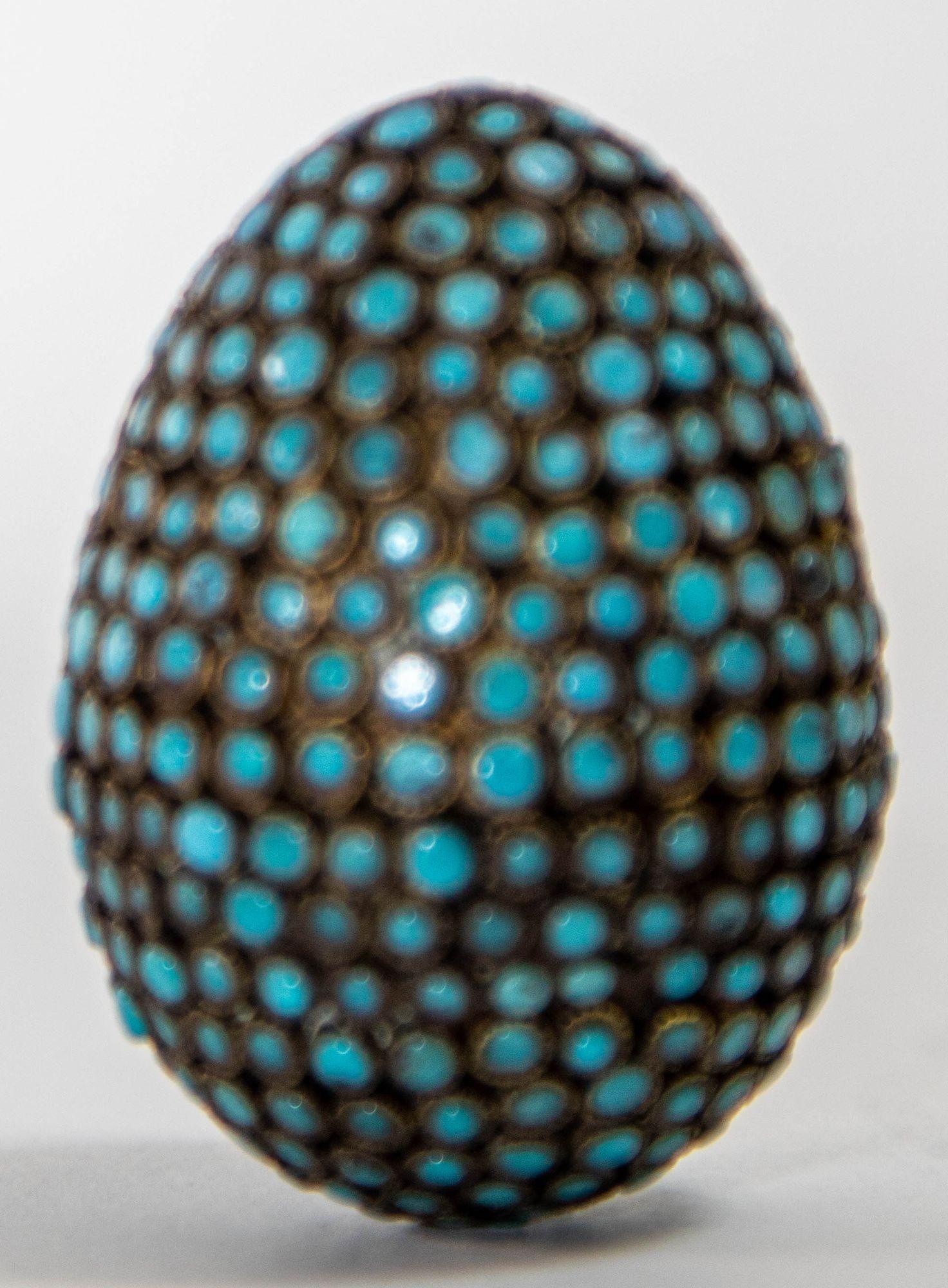 Folk Art Antique Tibetan Egg Shaped Box with Turquoise Blue Stone Inlay For Sale