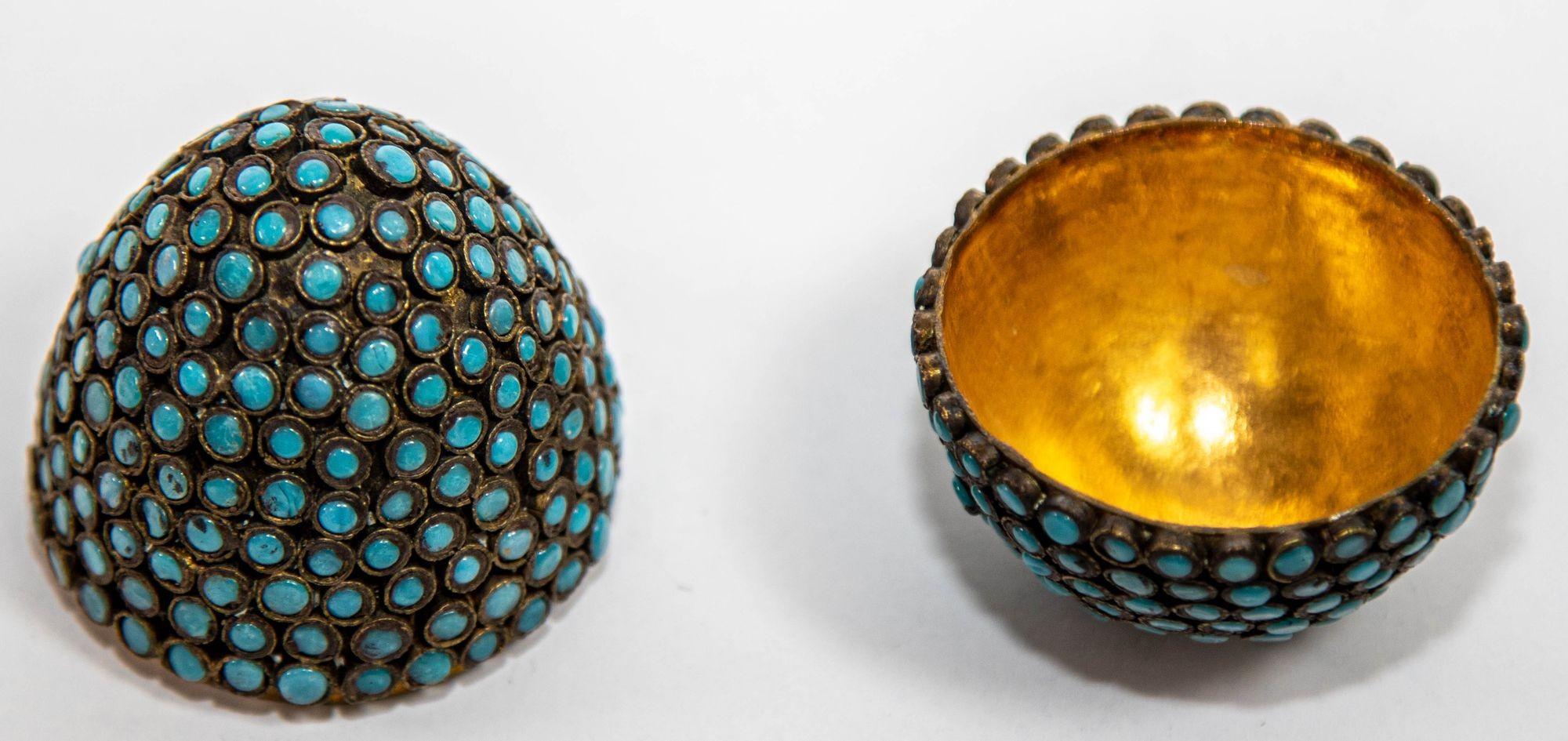 Hand-Crafted Antique Tibetan Egg Shaped Box with Turquoise Blue Stone Inlay For Sale