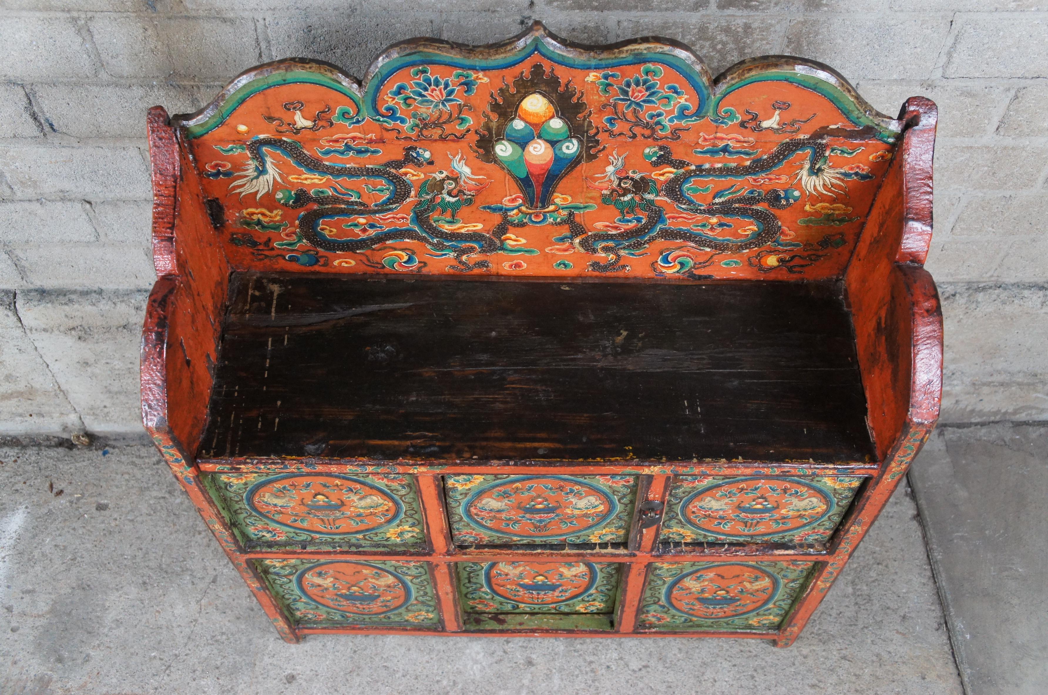 Antique Tibetan Elm Pegam Apothecary Bookcase Chest Altar Cabinet Bench Seat For Sale 5