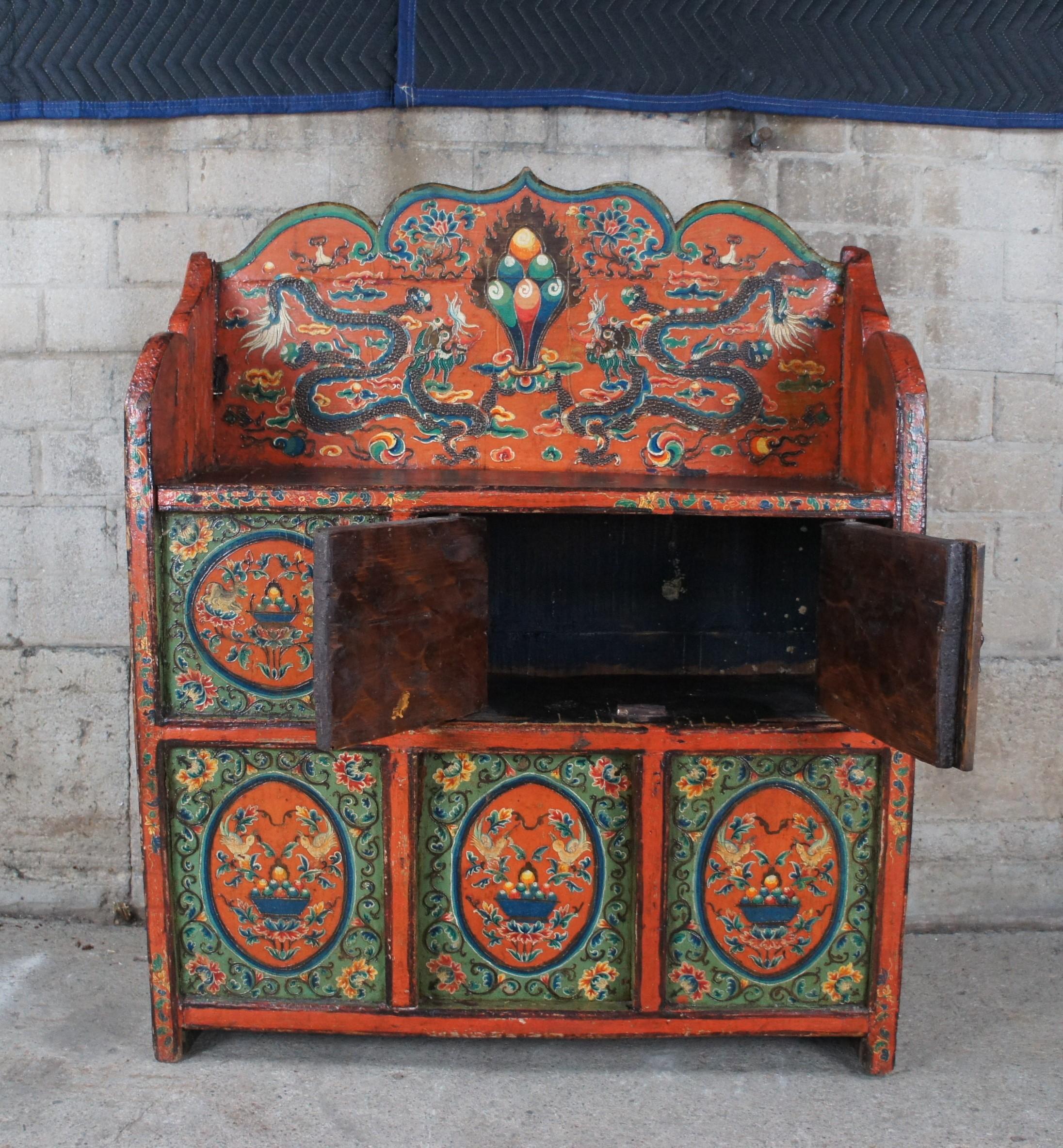 Antique Tibetan Elm Pegam Apothecary Bookcase Chest Altar Cabinet Bench Seat In Good Condition For Sale In Dayton, OH