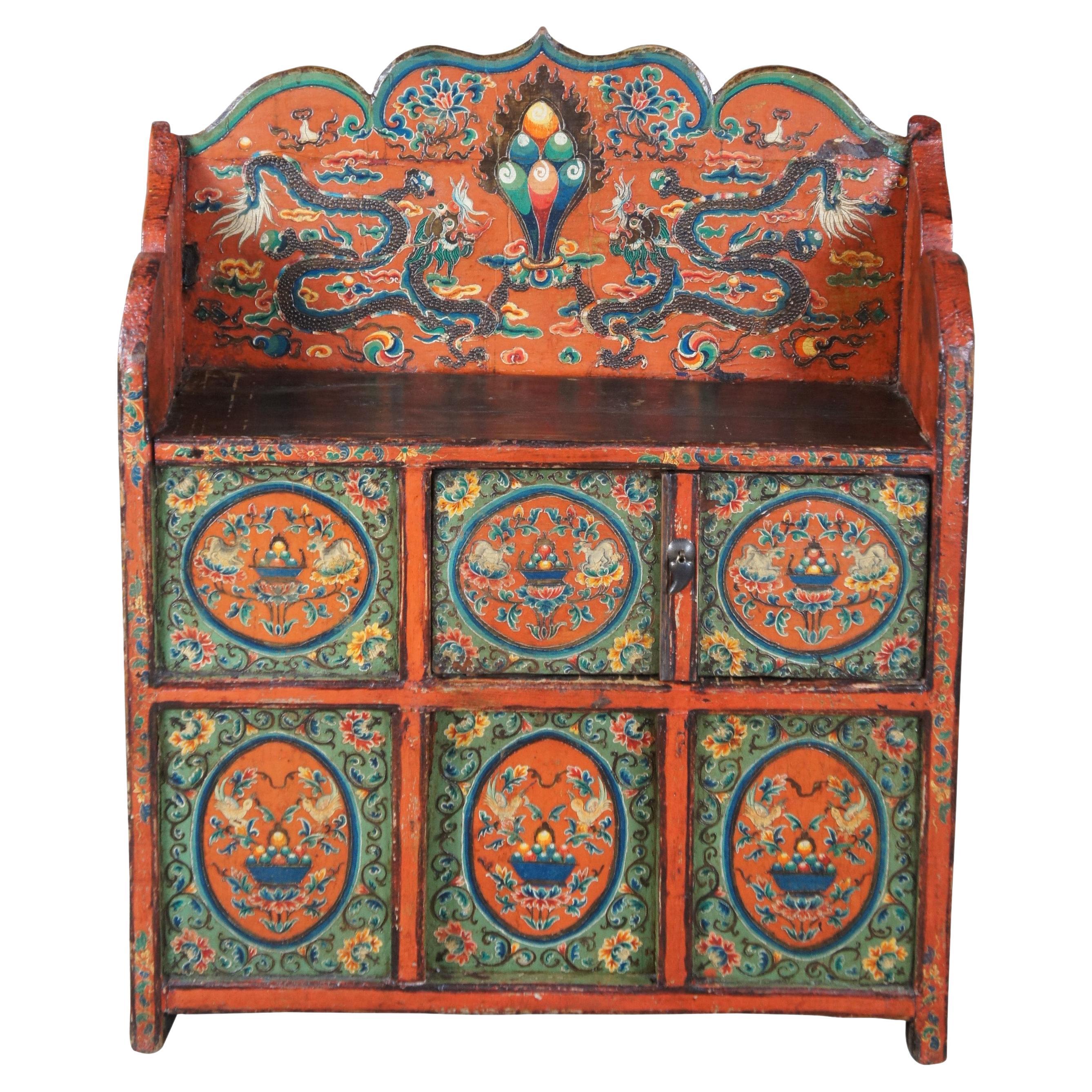 Antique Tibetan Elm Pegam Apothecary Bookcase Chest Altar Cabinet Bench Seat For Sale