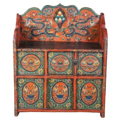Antique Tibetan Elm Pegam Apothecary Bookcase Chest Altar Cabinet Bench Seat