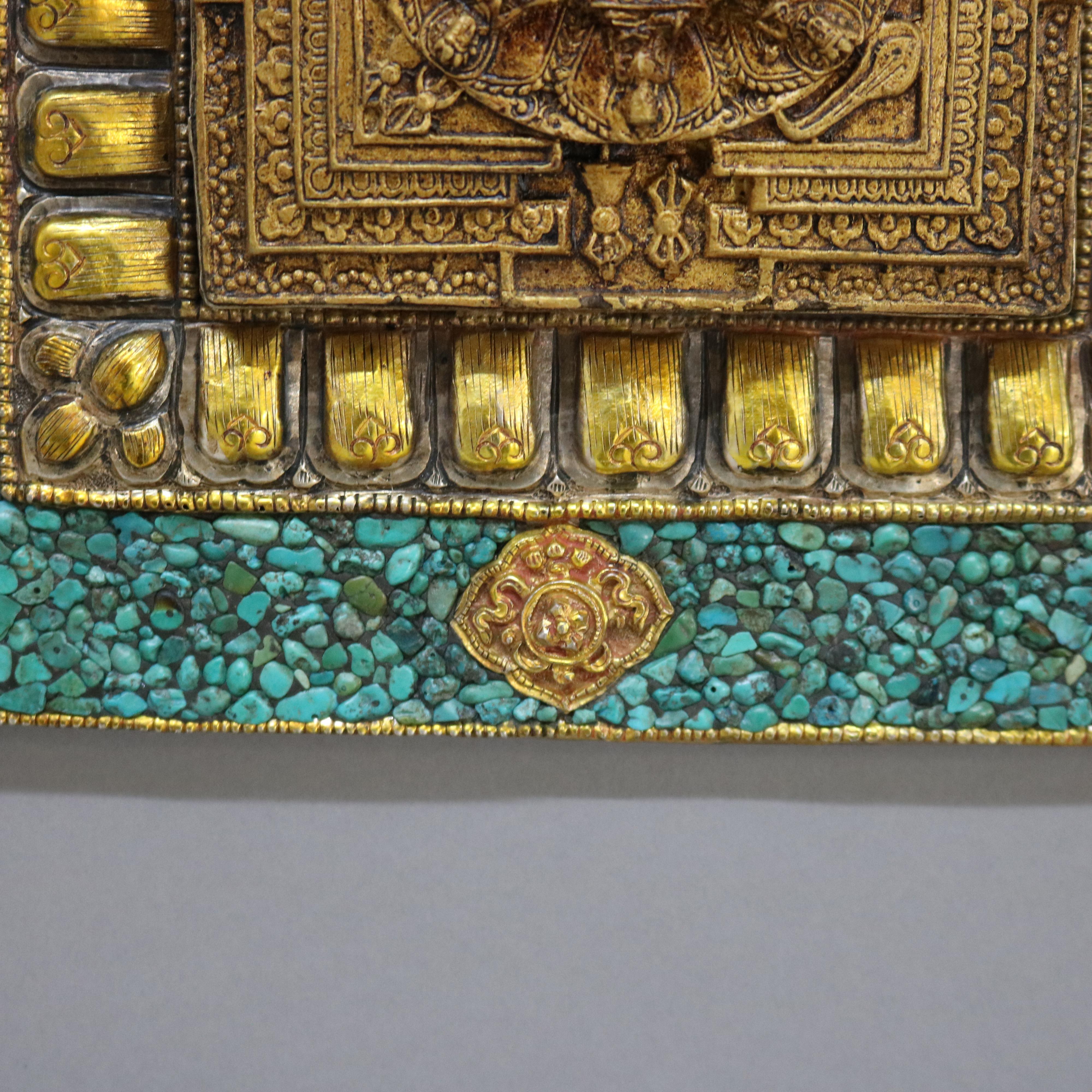 Antique Tibetan Embossed Brass Wall Plaque with Turquoise Inlay, Framed, C1900 For Sale 6