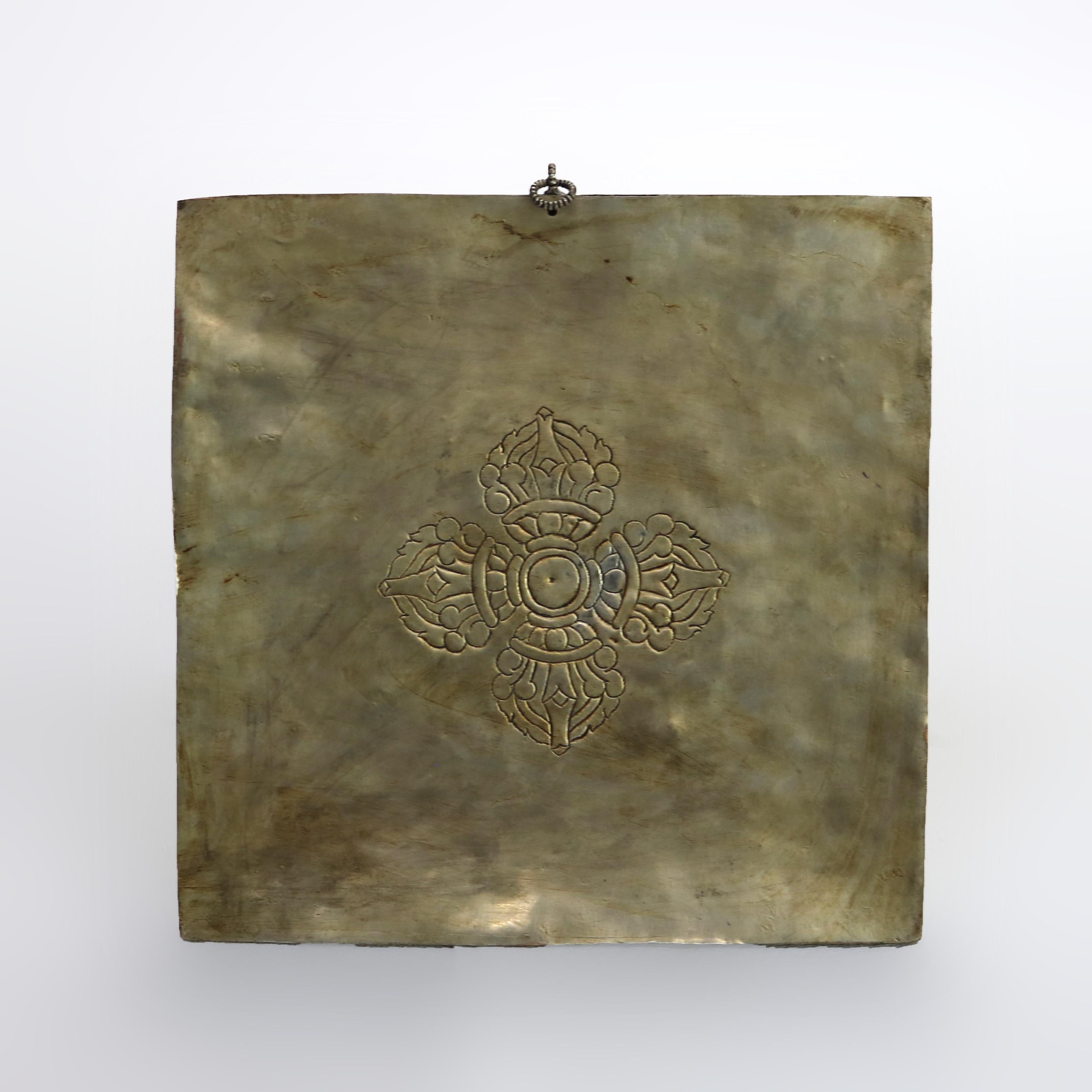 Antique Tibetan Embossed Brass Wall Plaque with Turquoise Inlay, Framed, C1900 For Sale 7