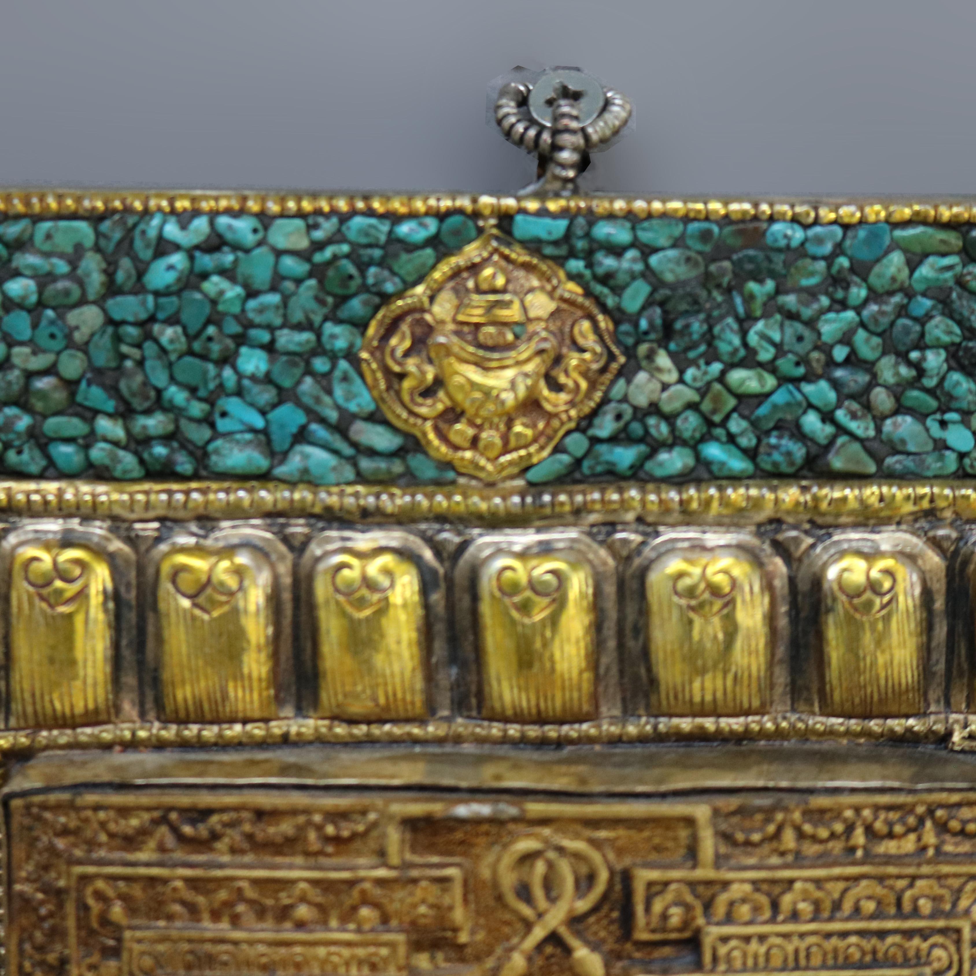 Antique Tibetan Embossed Brass Wall Plaque with Turquoise Inlay, Framed, C1900 In Good Condition For Sale In Big Flats, NY