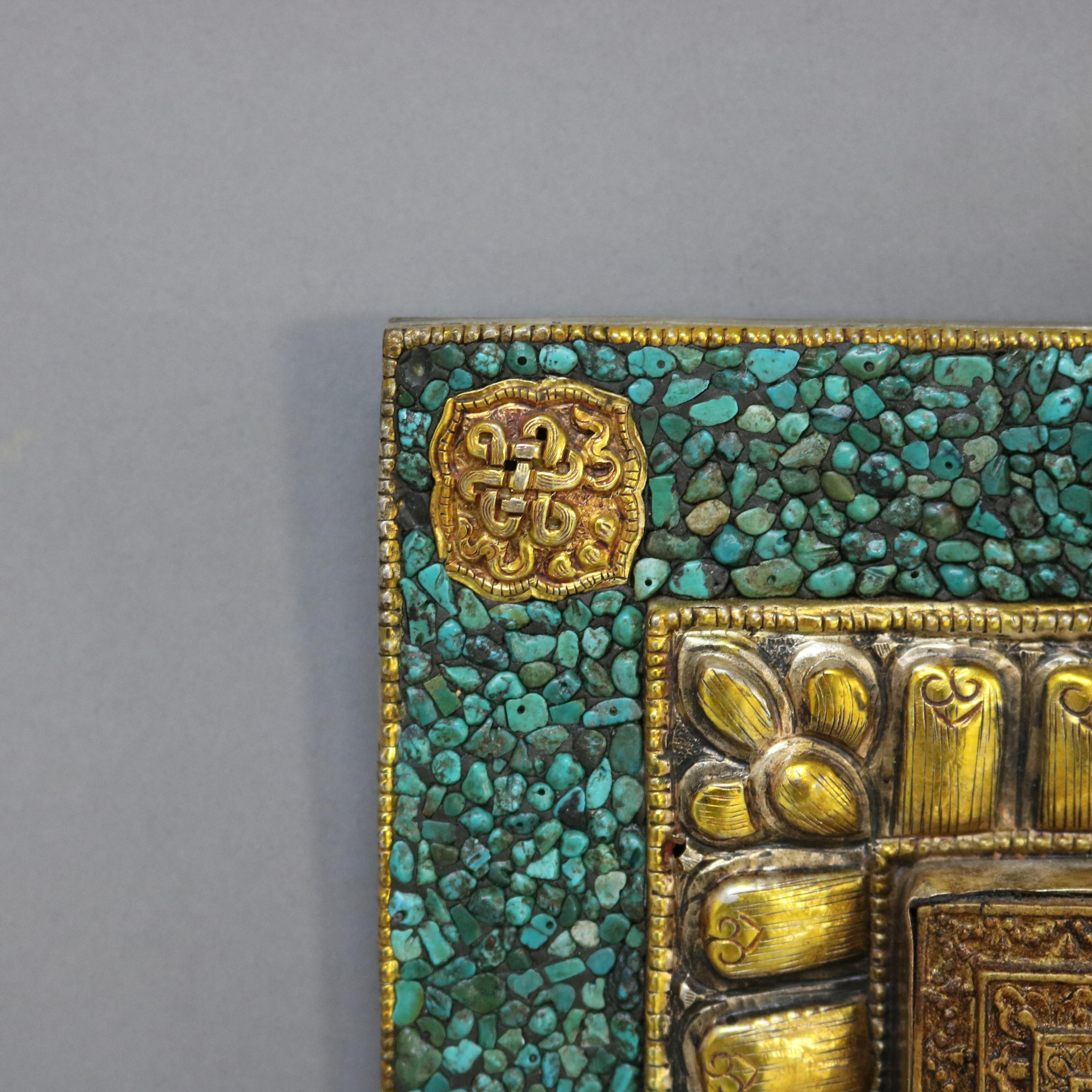 20th Century Antique Tibetan Embossed Brass Wall Plaque with Turquoise Inlay, Framed, C1900 For Sale