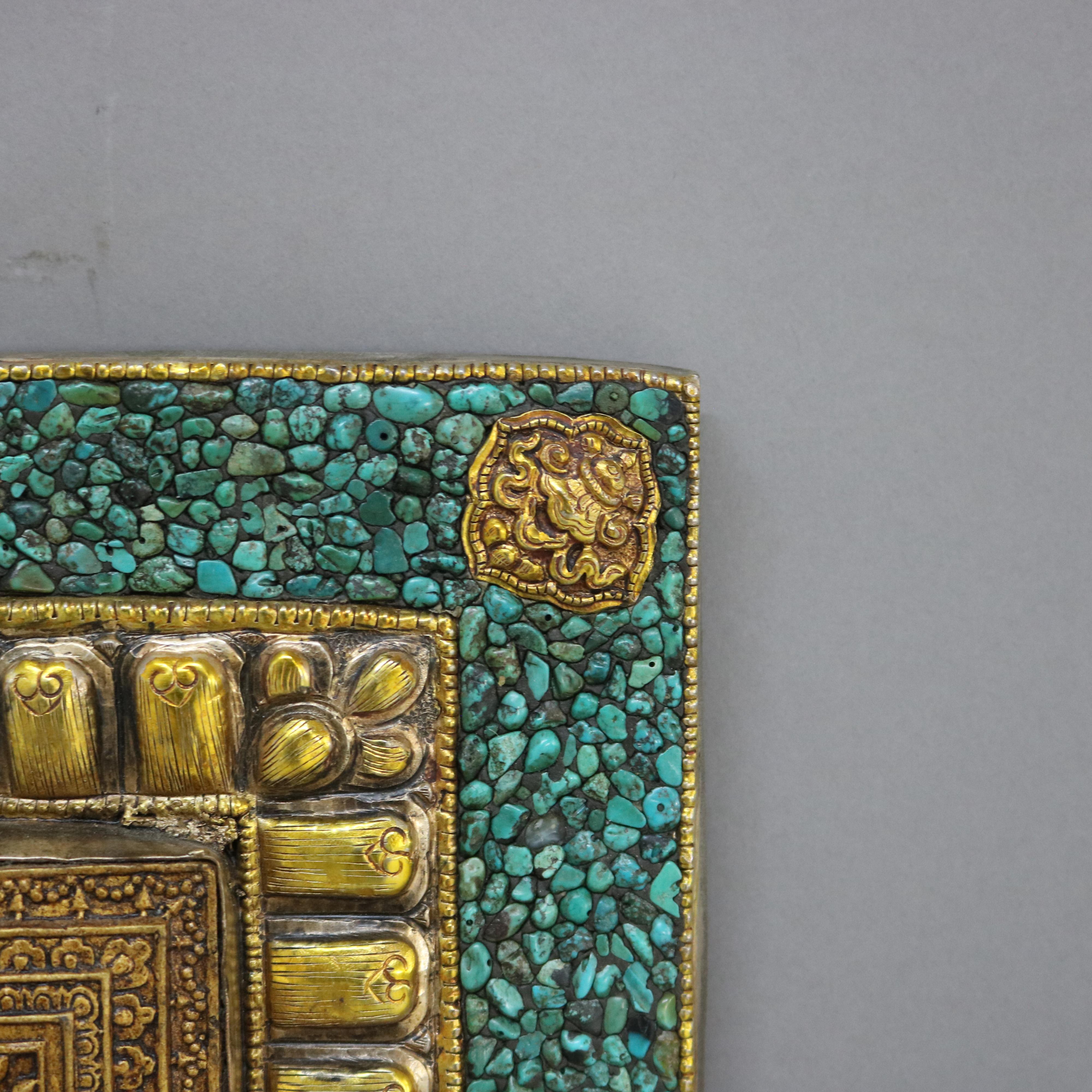 Antique Tibetan Embossed Brass Wall Plaque with Turquoise Inlay, Framed, C1900 For Sale 1
