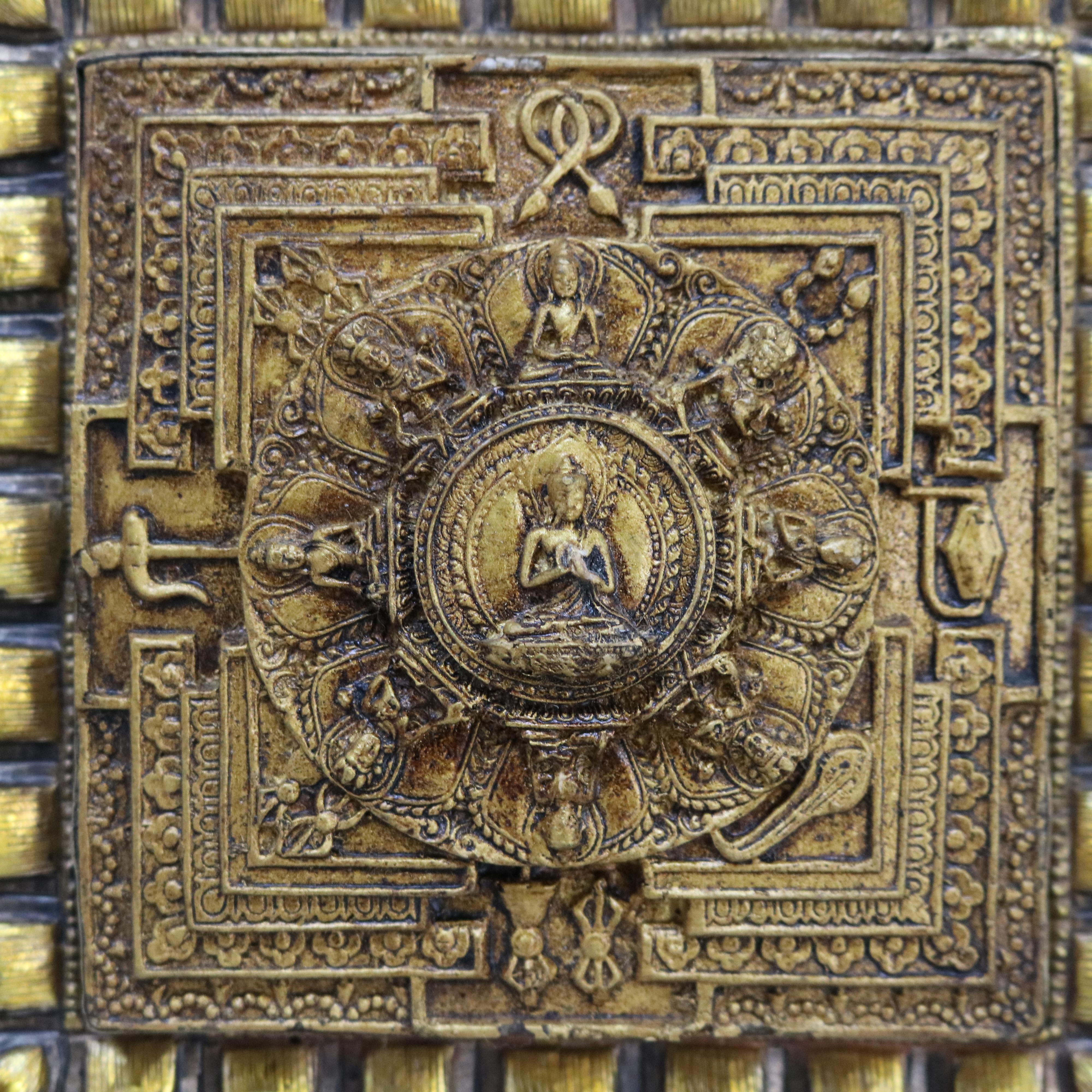 Antique Tibetan Embossed Brass Wall Plaque with Turquoise Inlay, Framed, C1900 For Sale 2