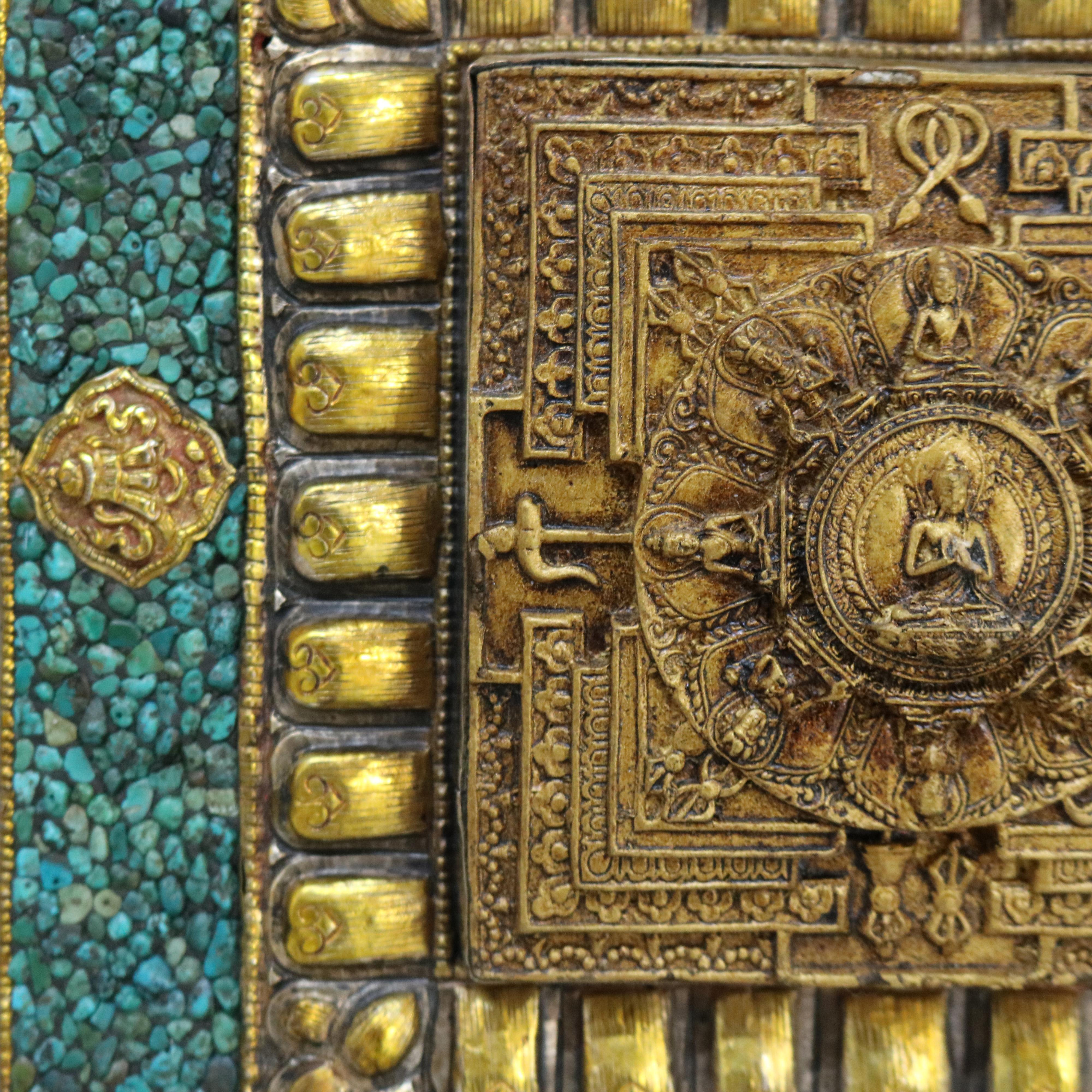 Antique Tibetan Embossed Brass Wall Plaque with Turquoise Inlay, Framed, C1900 For Sale 3