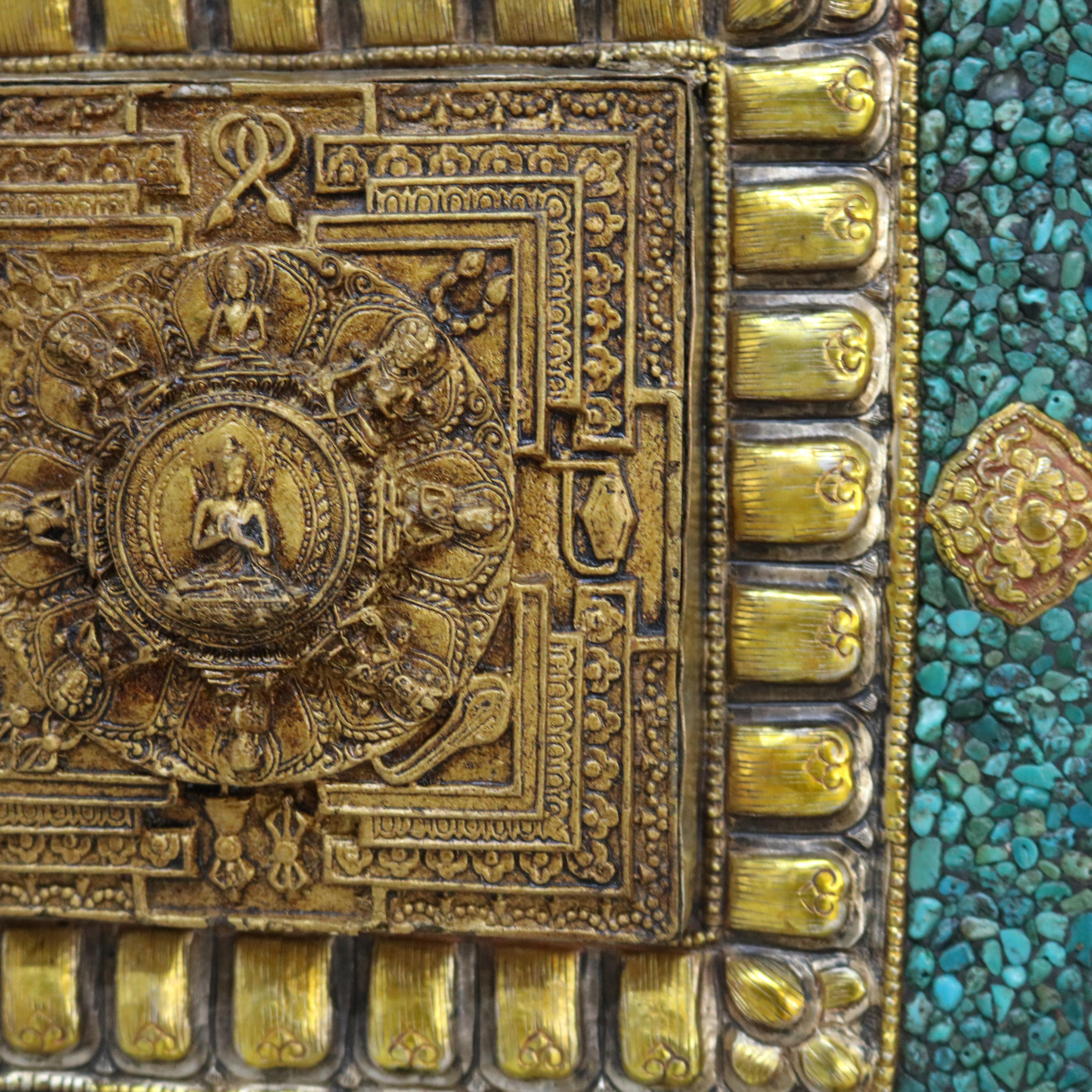 Antique Tibetan Embossed Brass Wall Plaque with Turquoise Inlay, Framed, C1900 For Sale 4