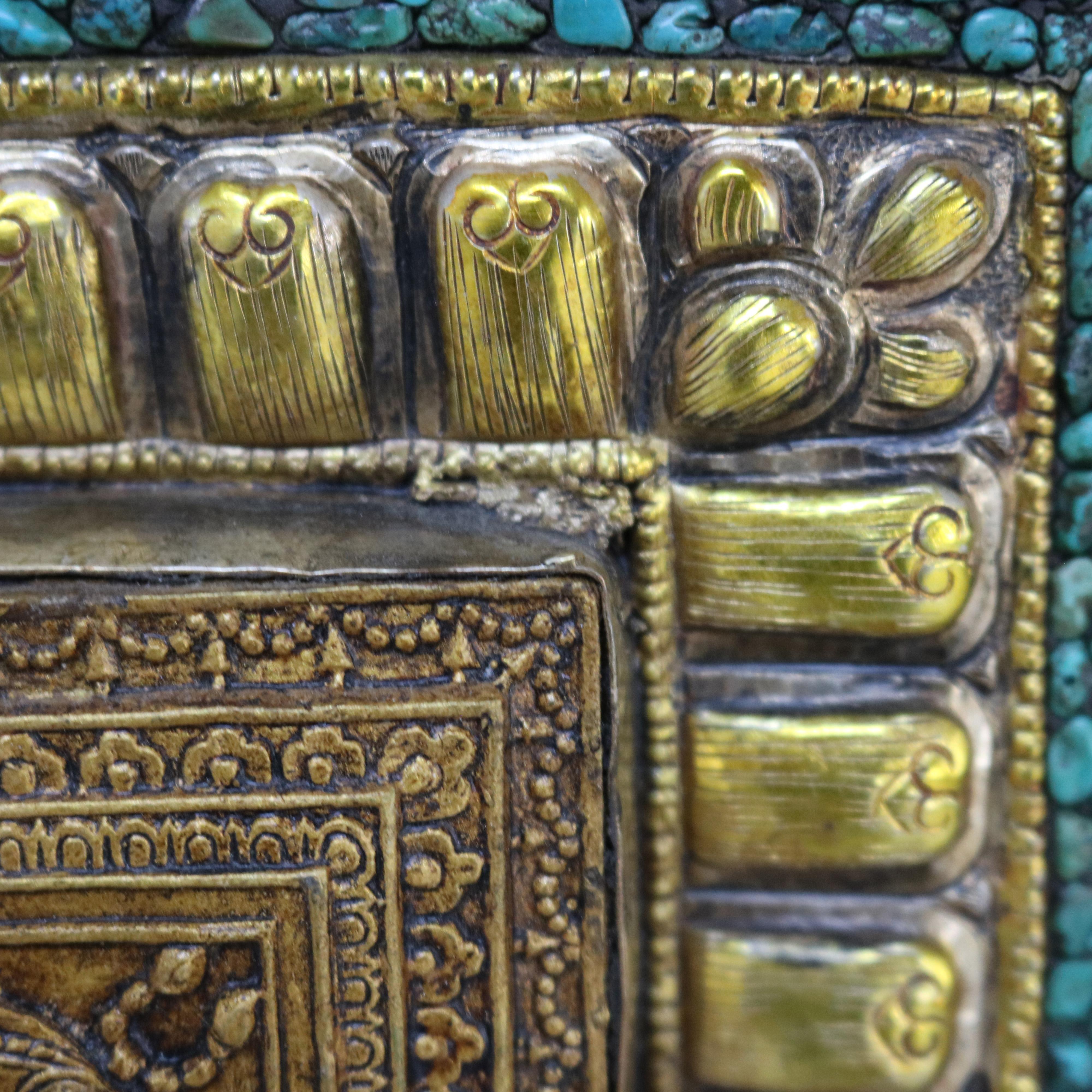 Antique Tibetan Embossed Brass Wall Plaque with Turquoise Inlay, Framed, C1900 For Sale 5