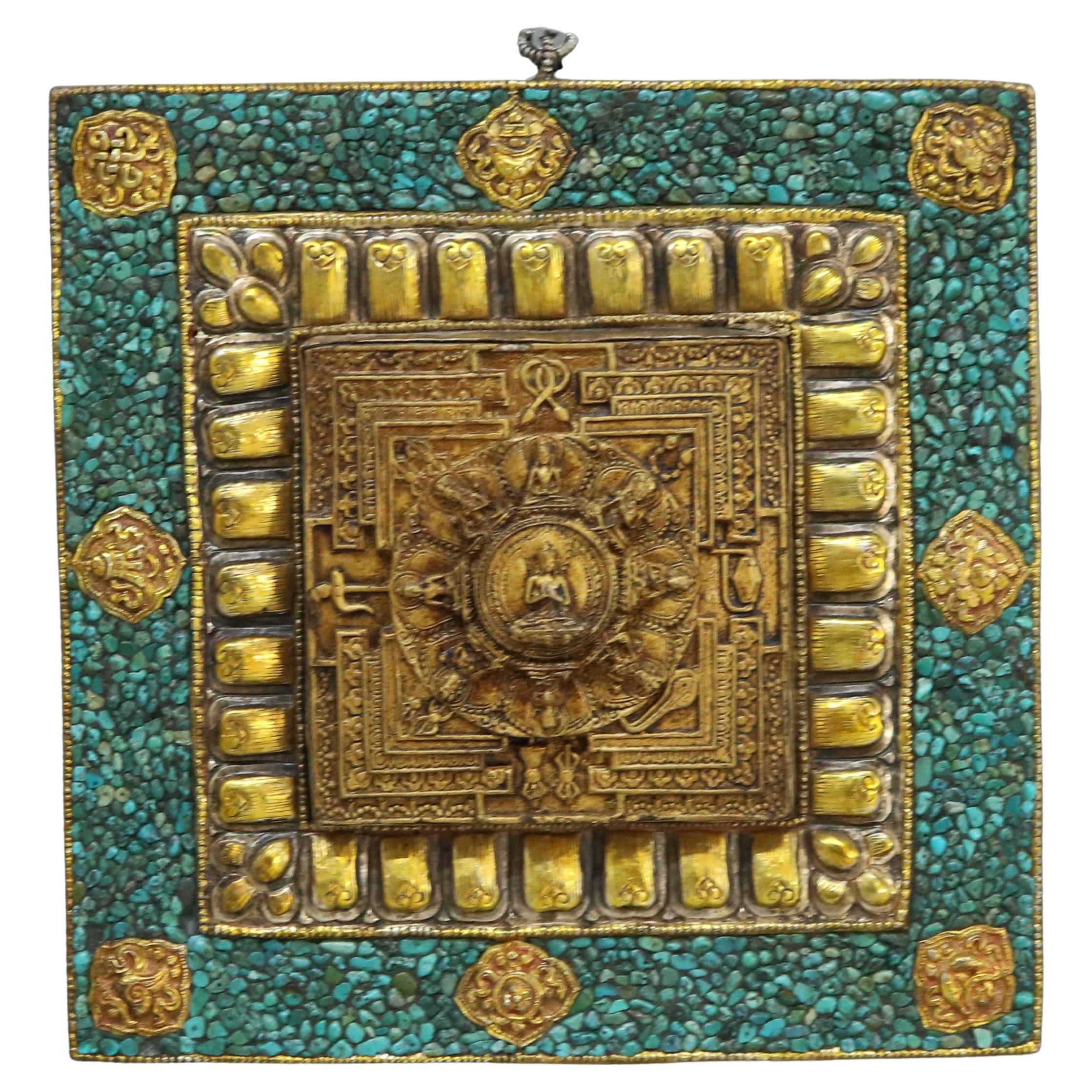 Antique Tibetan Embossed Brass Wall Plaque with Turquoise Inlay, Framed, C1900 For Sale