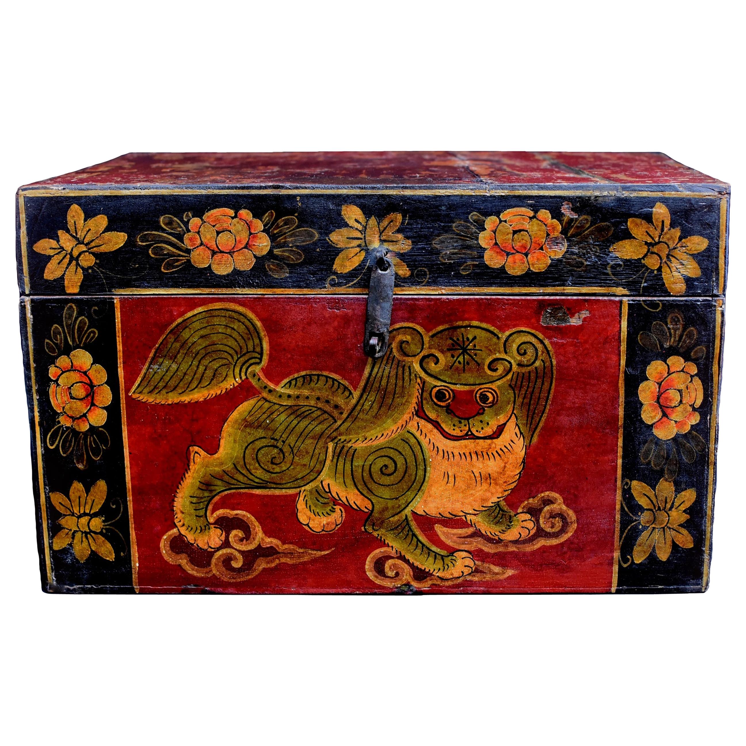 Antique Tibetan Foo Dog Box Hand Painted Box 6