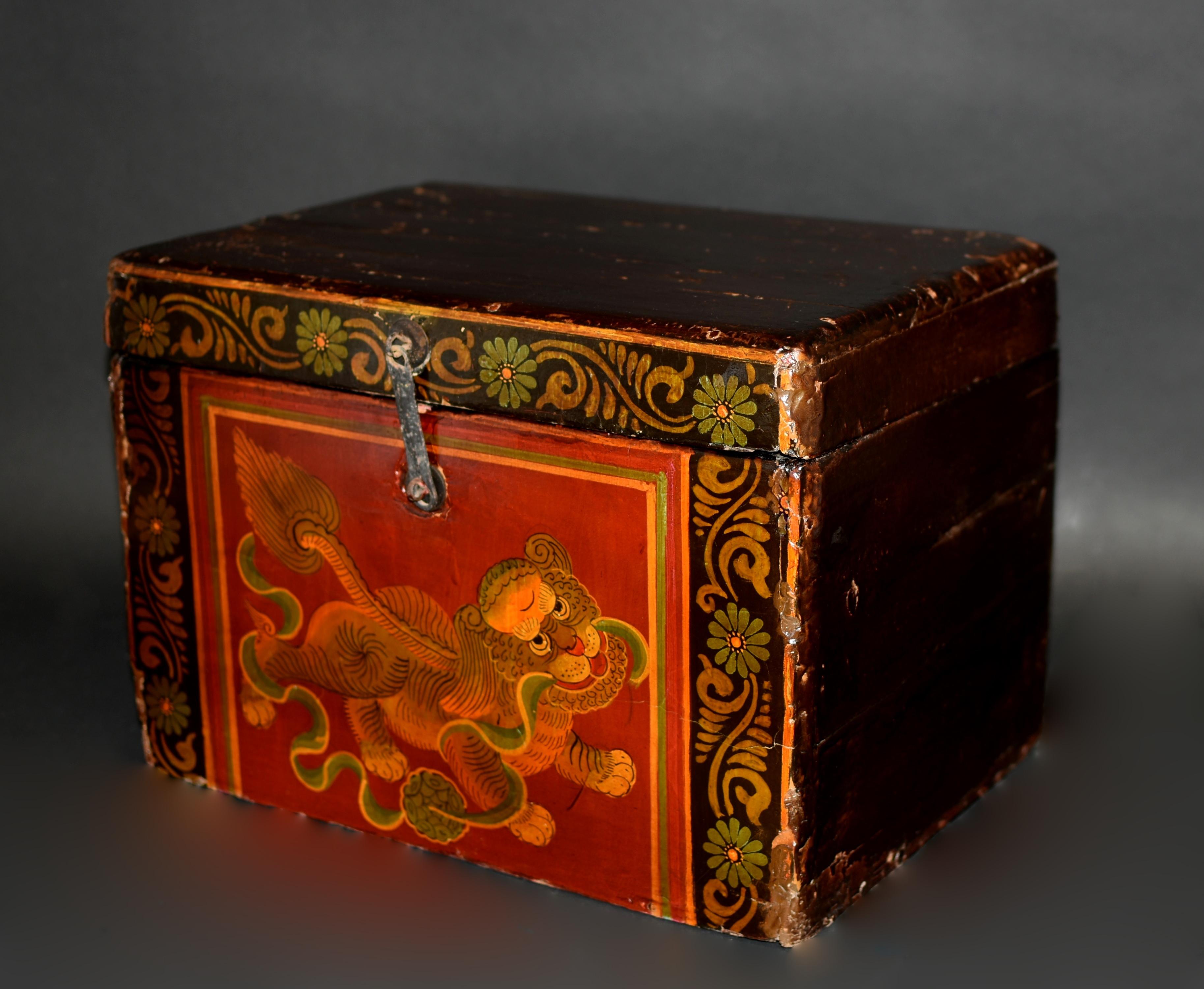 Hand-Painted Antique Tibetan Foo Dog Box Hand Painted
