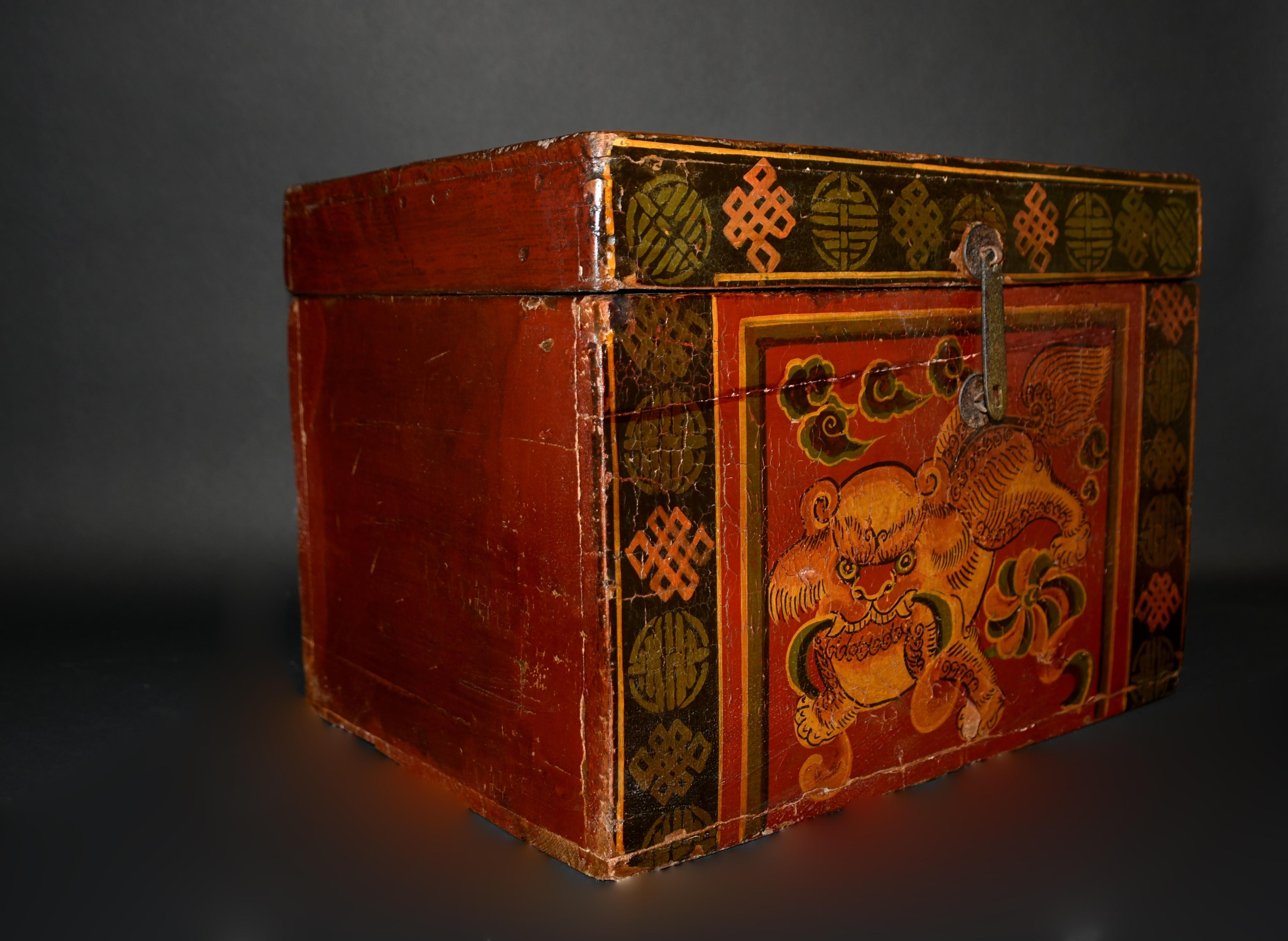 19th Century Antique Tibetan Foo Dog Box Hand Painted 