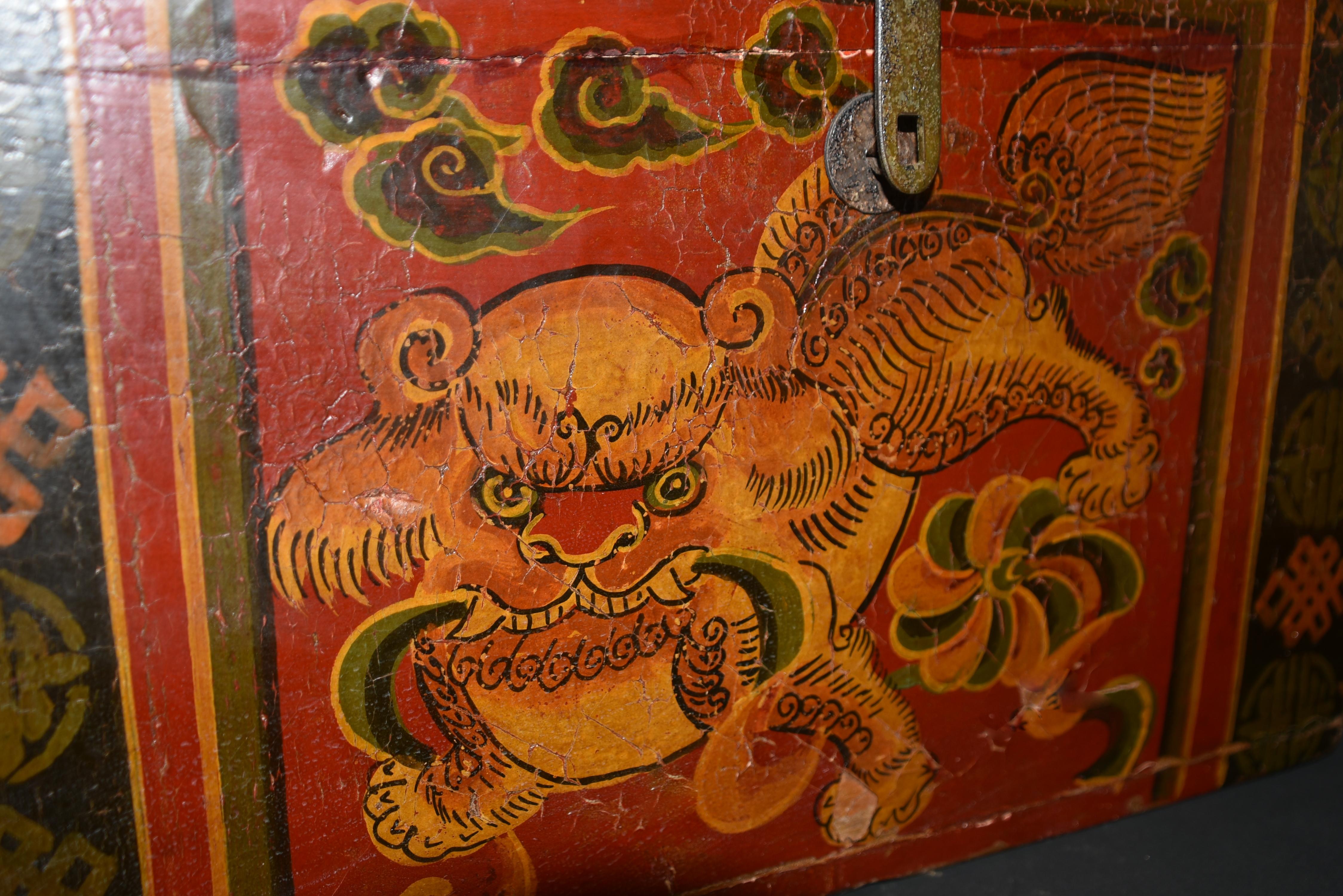 XIXe siècle Antique boîte à chien tibétain Foo peinte à la main