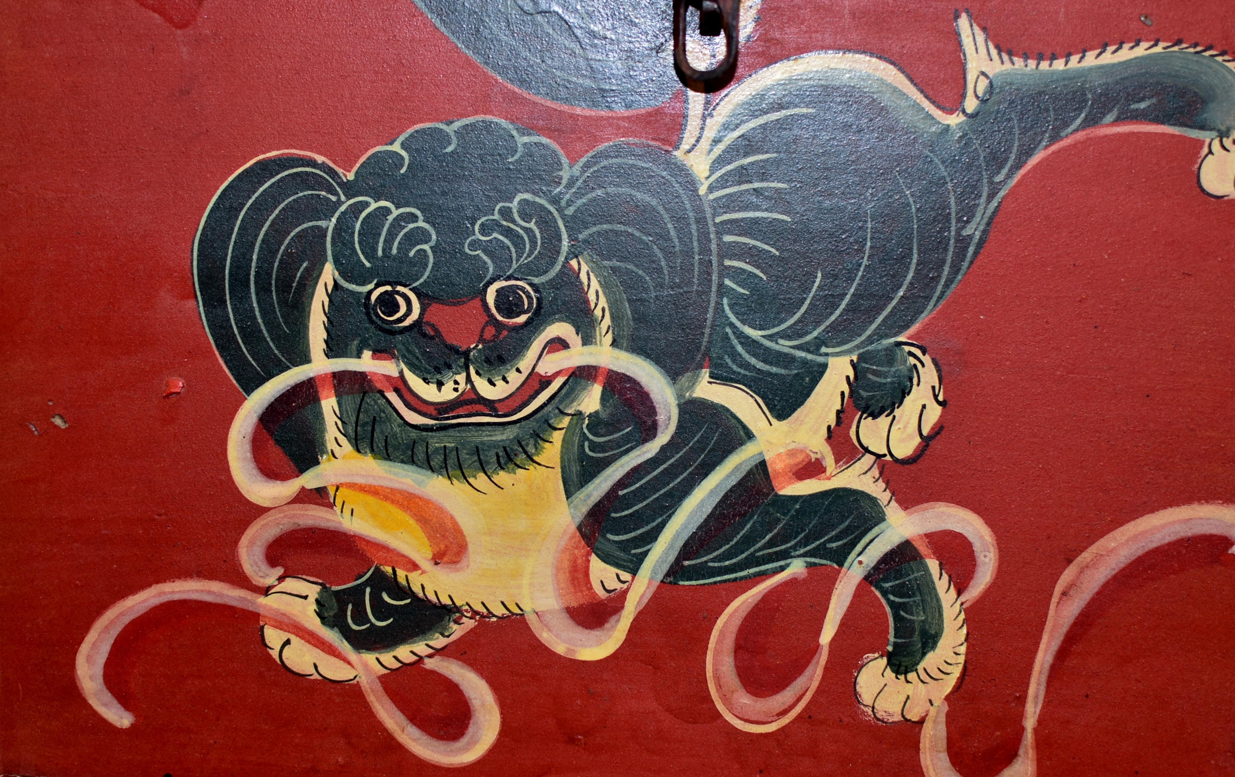 Wood Antique Tibetan Foo Dog Box Hand Painted