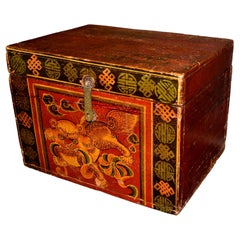 Antique Tibetan Foo Dog Box Hand Painted 