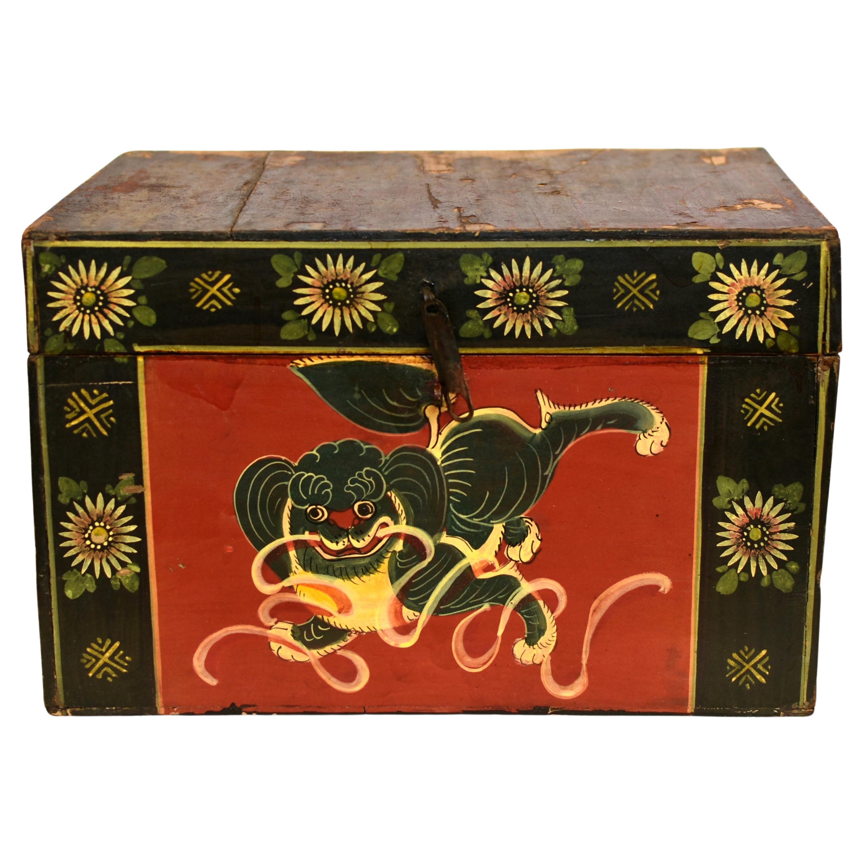 Antique Tibetan Foo Dog Box Hand Painted