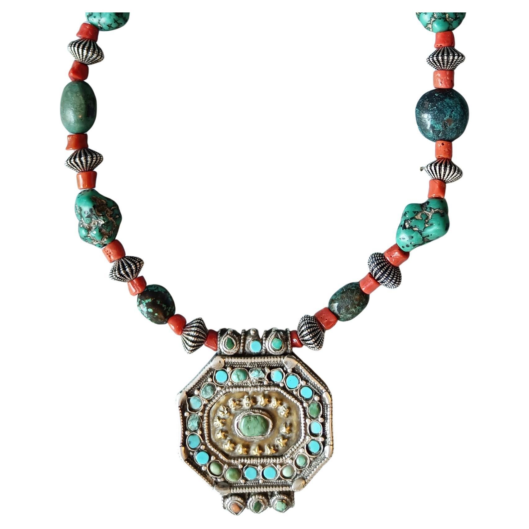 Antique Tibetan Gau Box Silver Turquoise pendant necklace