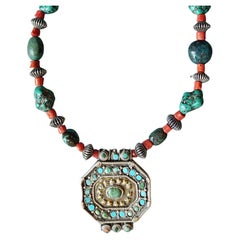 Antiguo collar colgante tibetano Gau Box Plata Turquesa