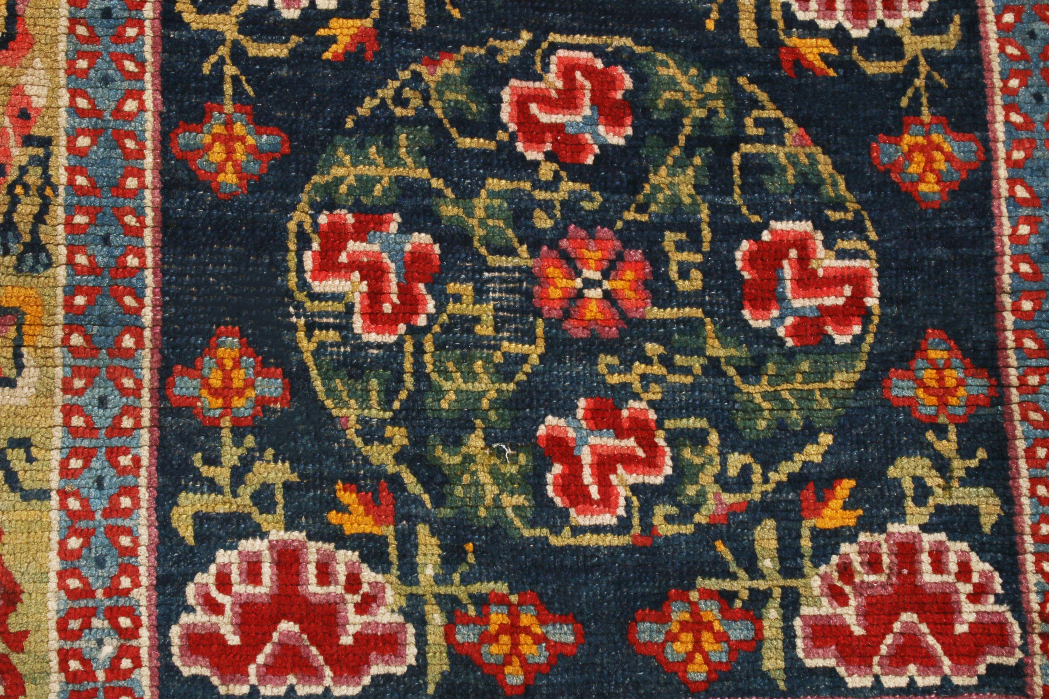 Antique Tibetan Geometric Green and Red Wool Floral Rug In Good Condition In Long Island City, NY