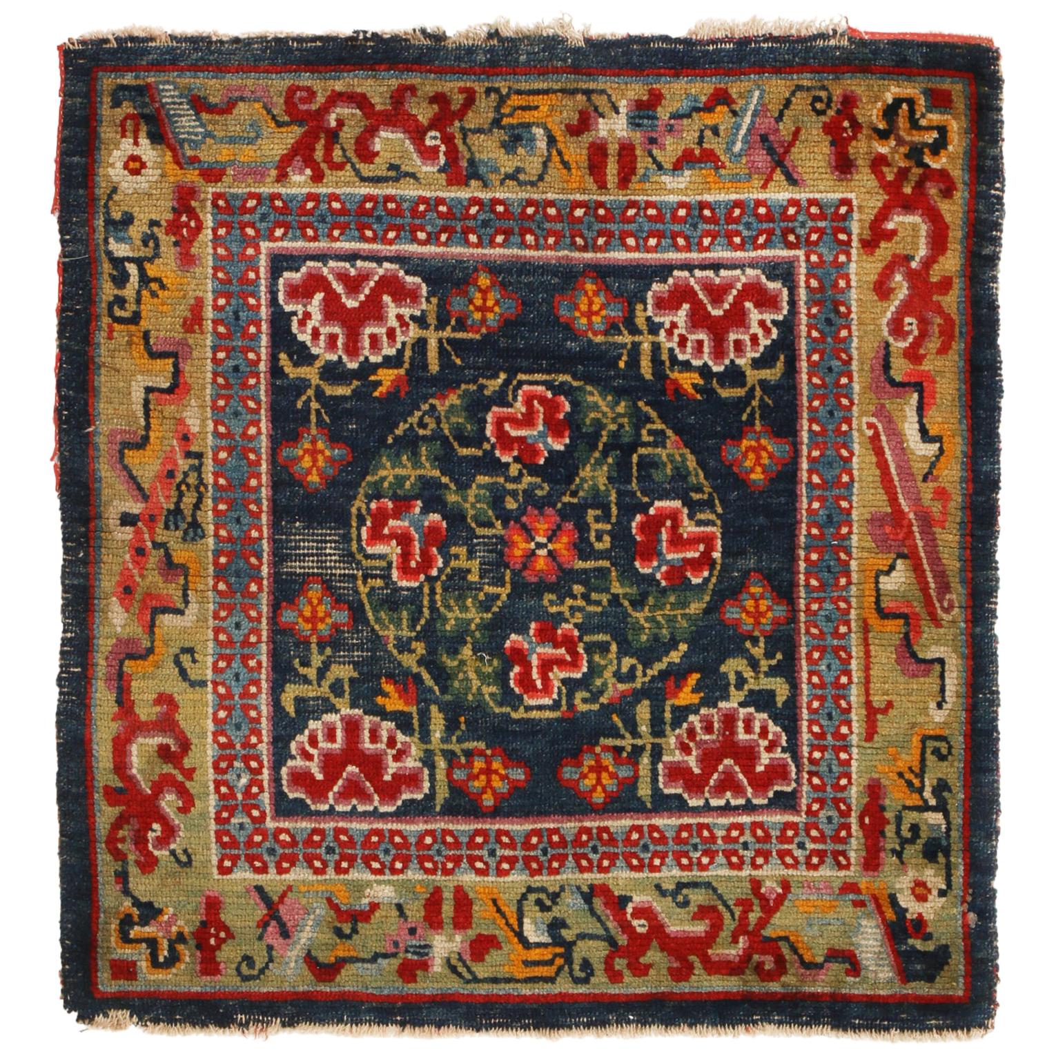 Antique Tibetan Geometric Green and Red Wool Floral Rug