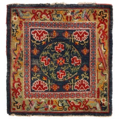 Antique Tibetan Geometric Green and Red Wool Floral Rug