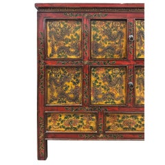 Antique Tibetan Hand-Painted Cabinet, Pine Wood, Early 20th Century