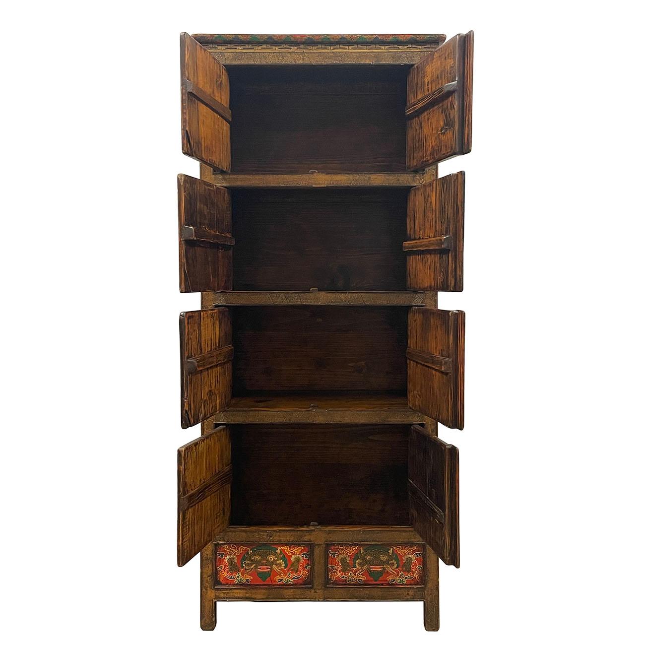 Chinese Export Antique Tibetan Hand Painted Dragon Tall Cabinet For Sale