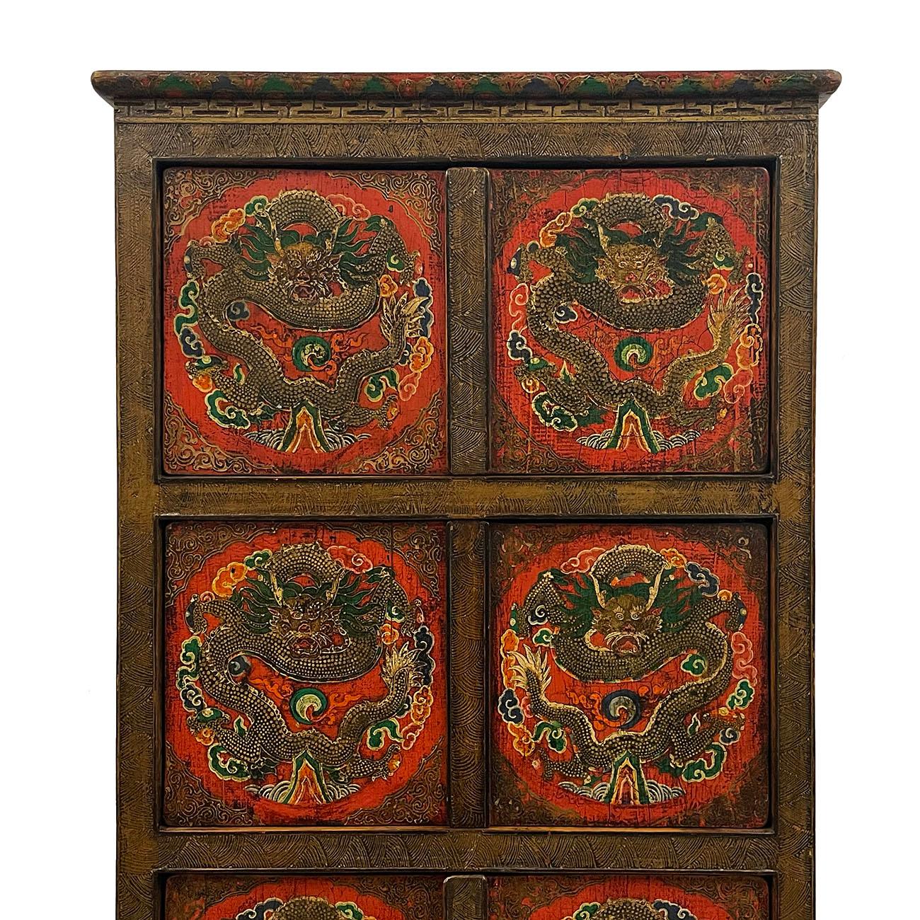 Chinese Antique Tibetan Hand Painted Dragon Tall Cabinet For Sale