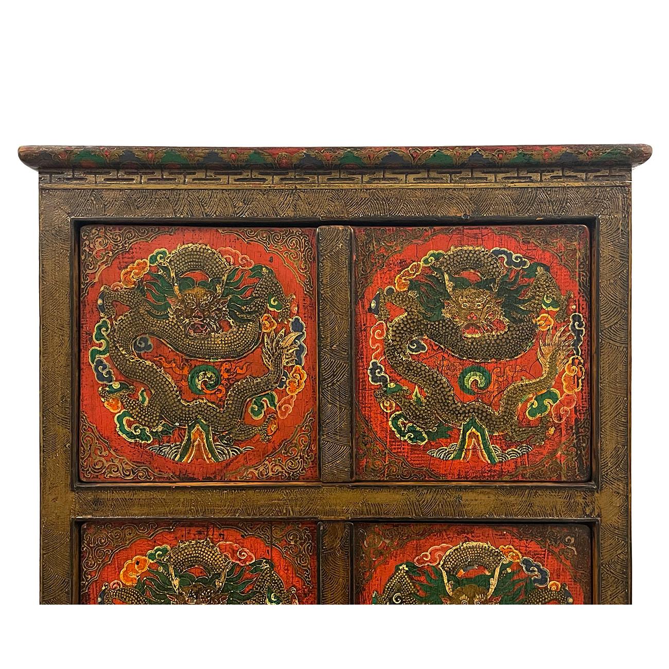 Hand-Painted Antique Tibetan Hand Painted Dragon Tall Cabinet For Sale