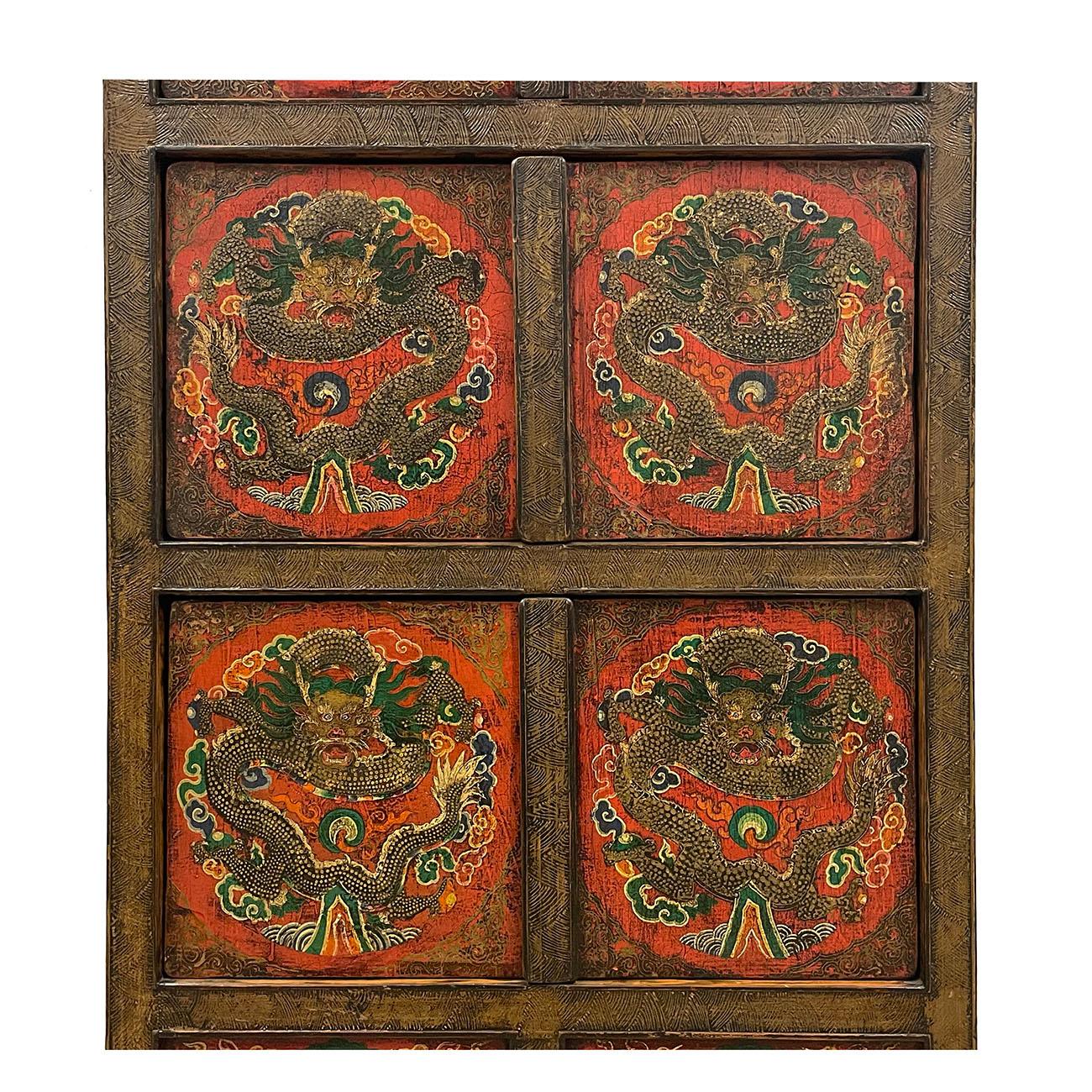 Antique Tibetan Hand Painted Dragon Tall Cabinet In Good Condition For Sale In Pomona, CA