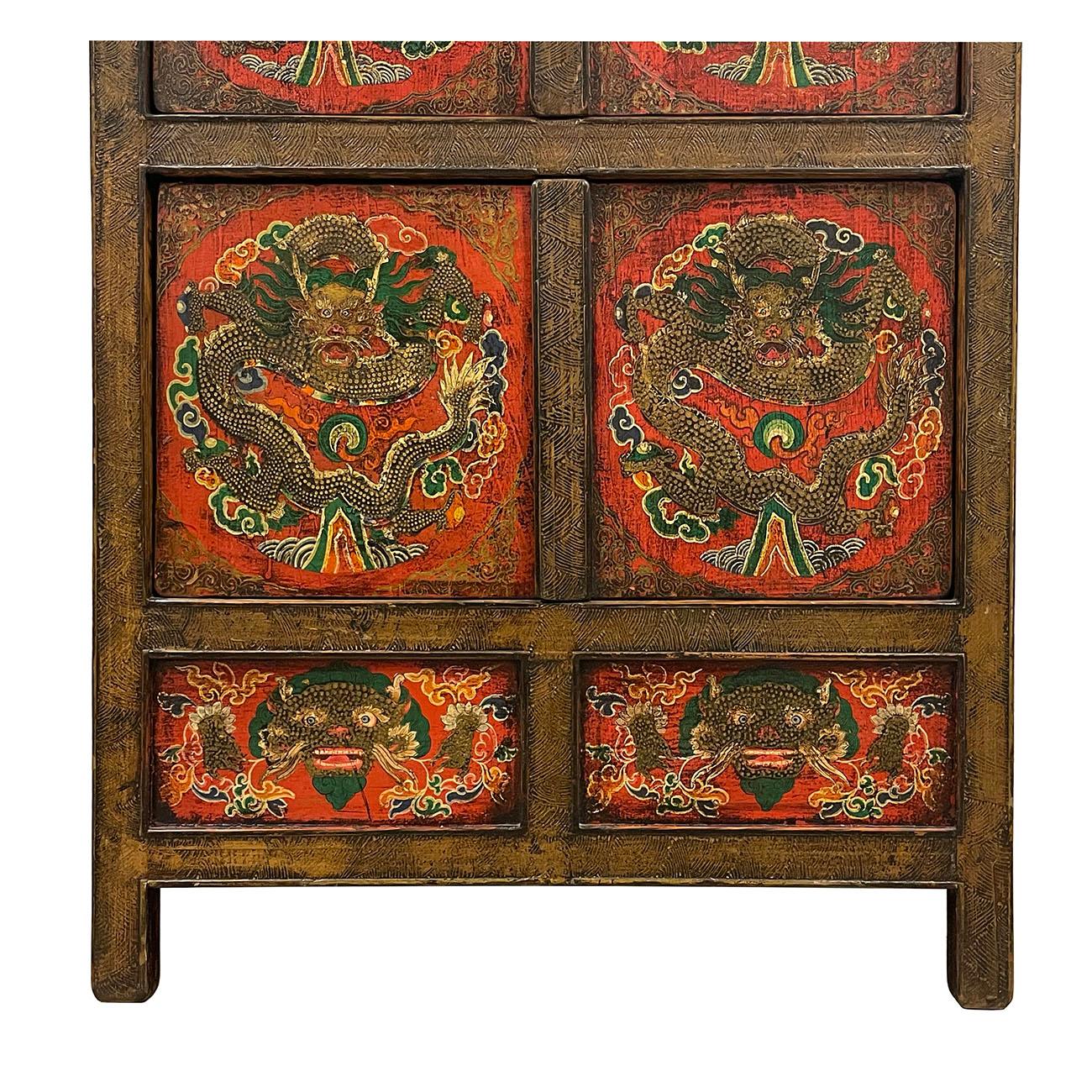 Wood Antique Tibetan Hand Painted Dragon Tall Cabinet For Sale