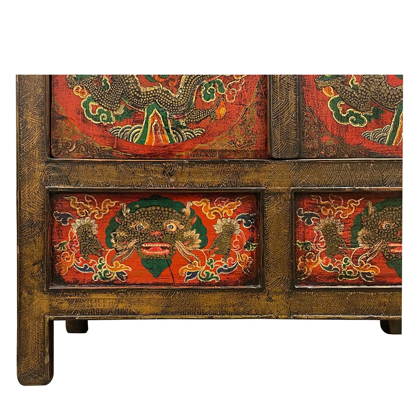 Antique Tibetan Hand Painted Dragon Tall Cabinet For Sale 1